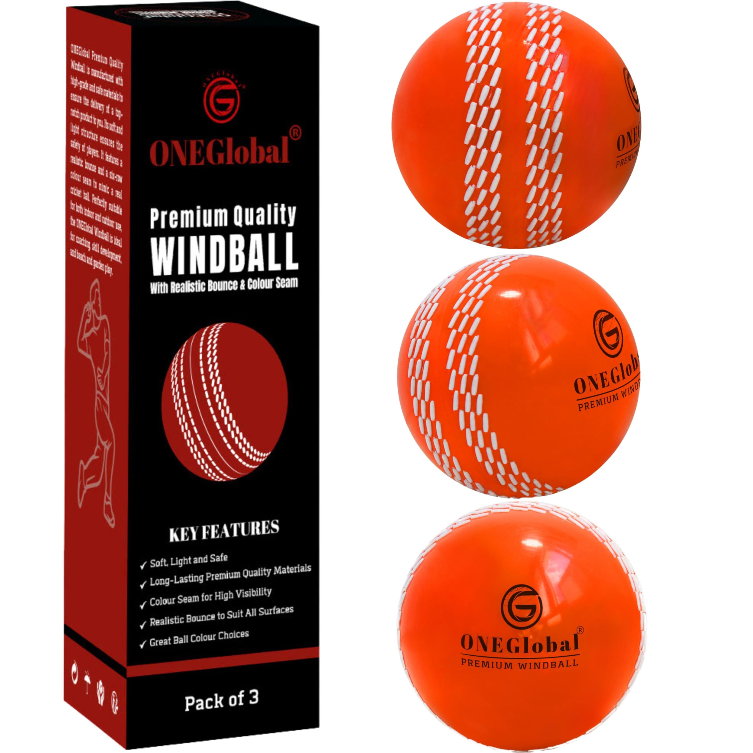ONEGlobal Premium Windball Soft Cricket Ball | Durable Materials, Realistic Colour Seam, True Bounce & Swing | Wind Ball Cricket Balls for Outdoor & Indoor Practice, Coaching, Garden & Beach Games
