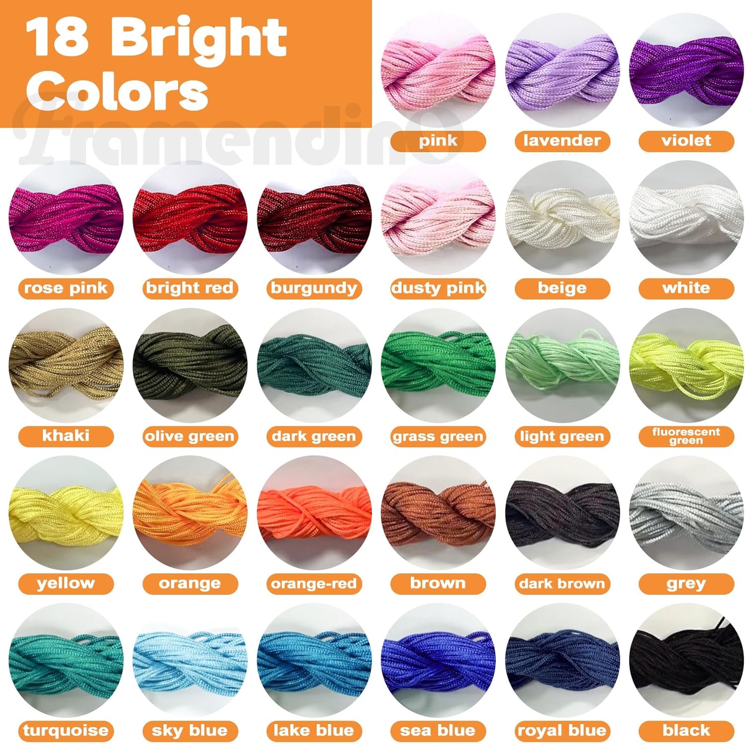 Framendino, 27 Pack 1mm Nylon Beading String Chinese Knotting Cord Trim Cords Macrame Thread Braided for Friendship Bracelets Necklace Jewelry Making (27 Colors, 675 Yards) - Image 3