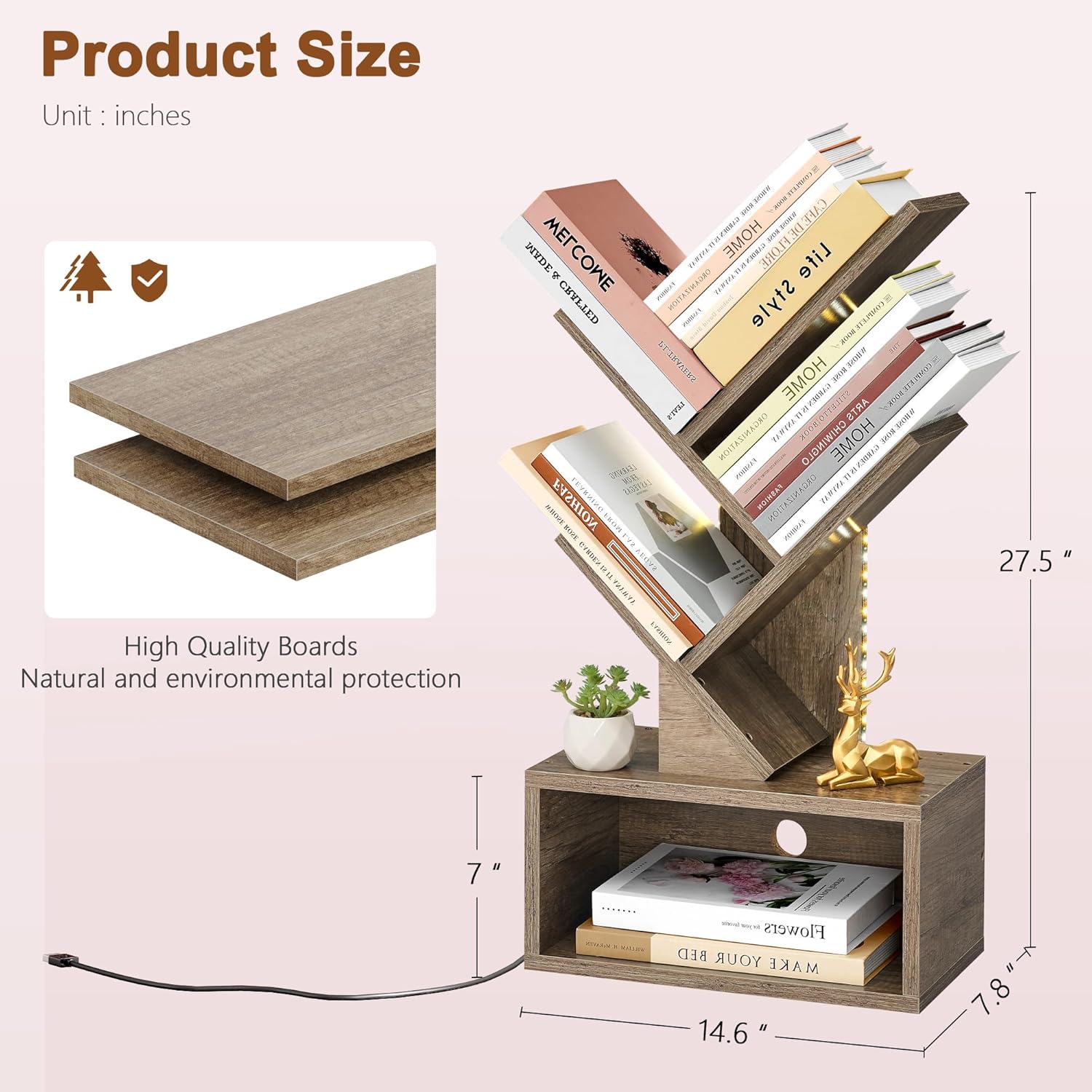 Hoctieon 3 Tier Tree Bookshelf with LED Lights, Small Bookcase with Drawer, Desktop Organizer Book Shelf, Display Floor Standing Storage Shelf, for Living Room, Bedroom, Office, Greige