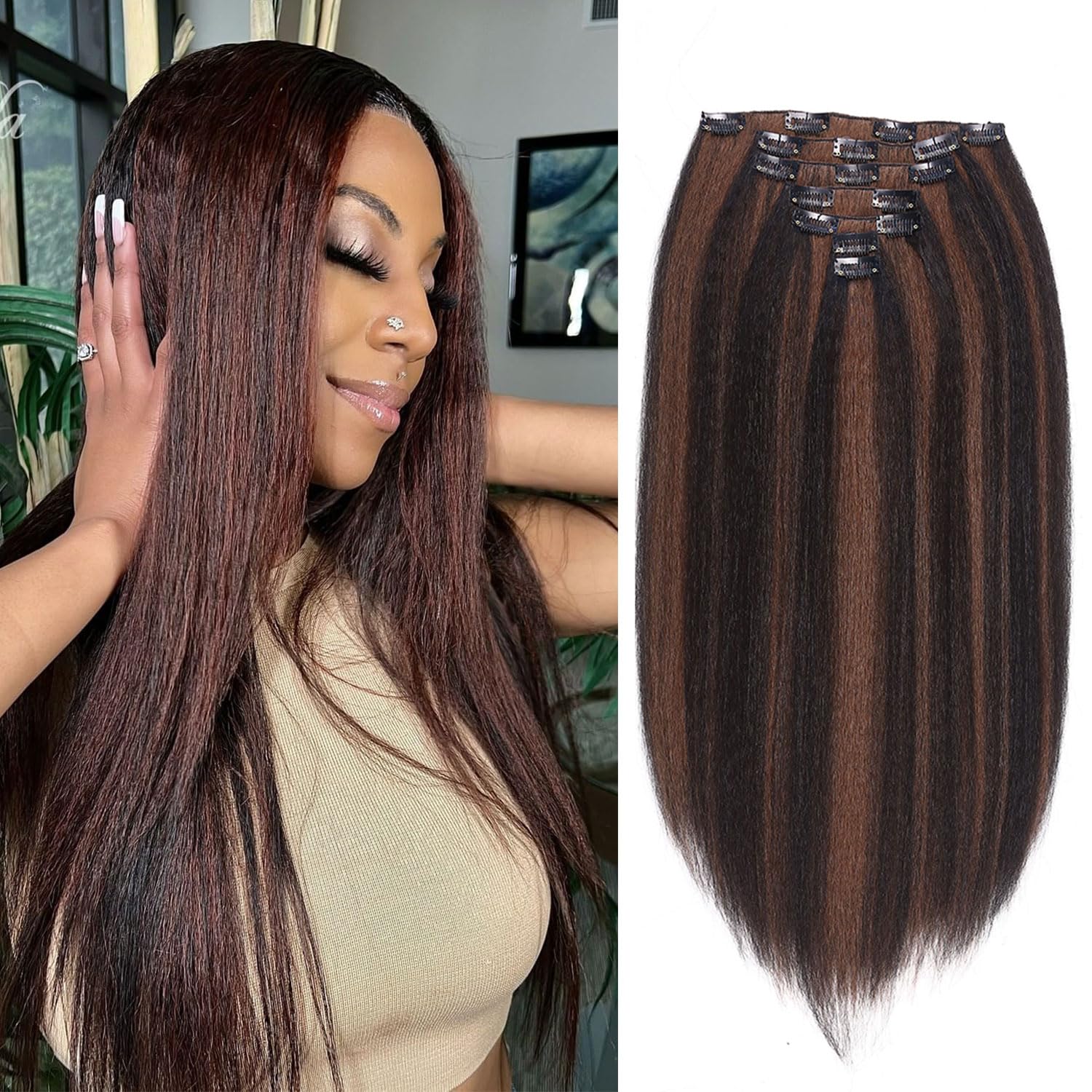 FANCEE Kinky Straight Clip in Hair Extensions for Black Women Full Head Yaki Straight Clip Ins Synthetic Hair Extensions (18 inch, Black Mixed Brown)