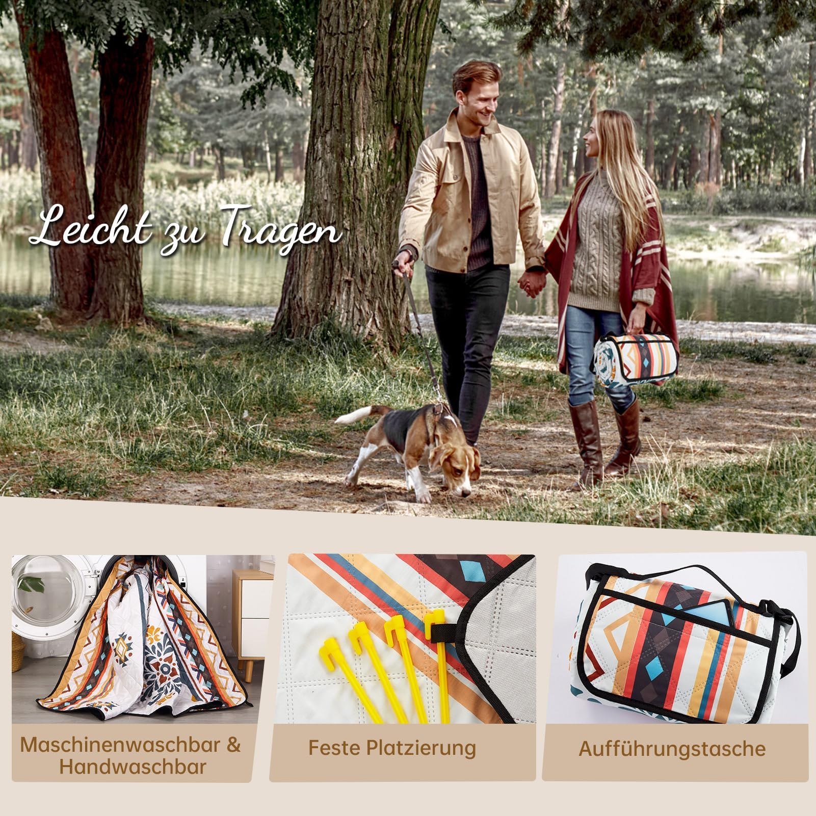 HAUSPROFI Picknickdecke Boho 200x200 cm, wasserdicht & isoliert - Outdoor Decke für Picknick, Strand, Camping, mit Baumwolle gepolstert, inkl. Tragegriff & Heringe, Tragbar, Waschbar & formstabil