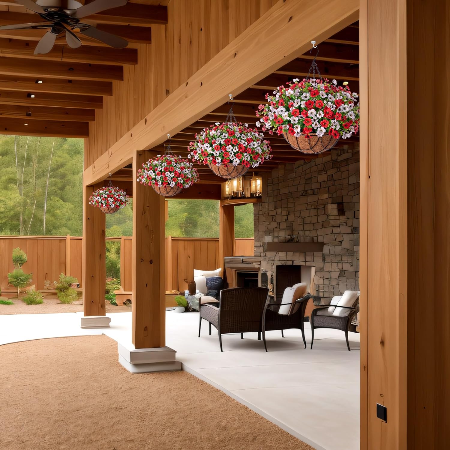 Artificial Silk Flowers Hanging Baskets Outdoors Indoors,Daisy with Eucalyptus Leaves Arrangement for Garden Yard Spring Summer Decor,Faux Green Plant in Metal Coconut Lining Flowerpot(Red and White) - Image 4