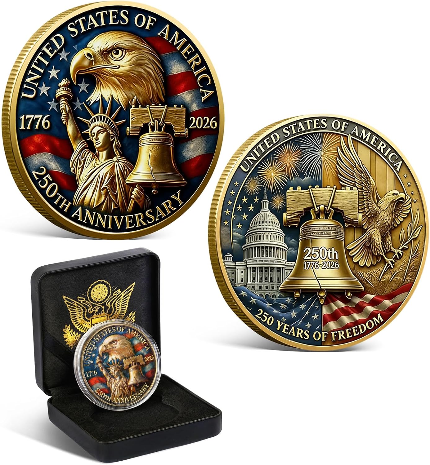 USA 250th Anniversary Commemorative Coin 1776-2026 with Premium Gift Box, America 250 Collectible Coin with American Eagle & Liberty Bell America 250 Merchandise