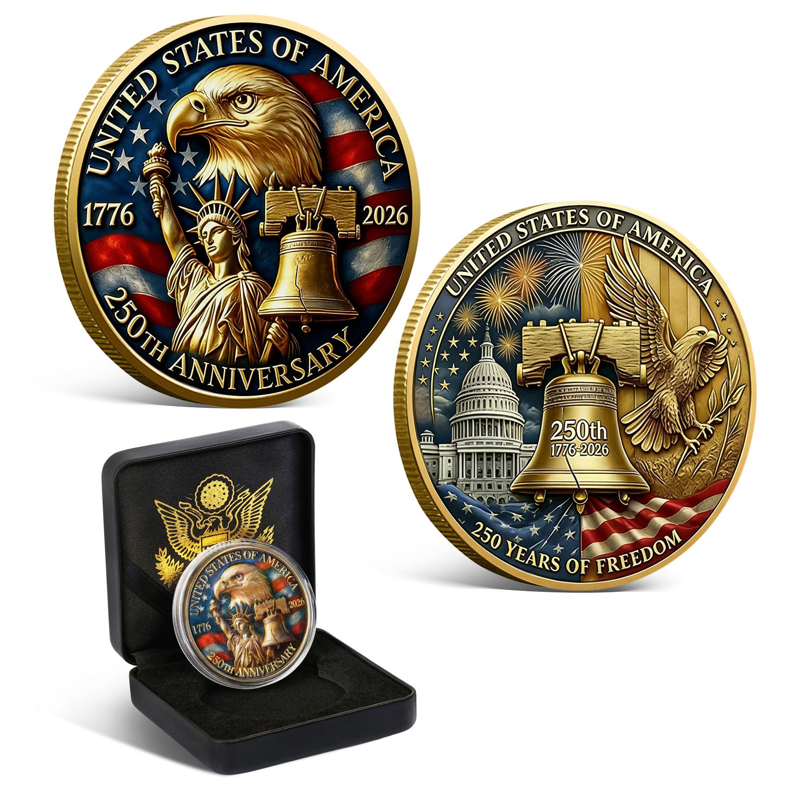 USA 250th Anniversary Commemorative Coin 1776-2026 with Premium Gift Box, America 250 Collectible Coin with American Eagle &amp; Liberty Bell America 250 Merchandise