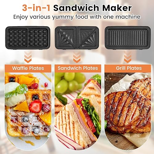 Miniatura 3 de Sandwichera 3 en 1, waflera de 1082 W con platos extraíbles, prensa para sándwich con control de temperatura de 5 engranajes, luces indicadoras,