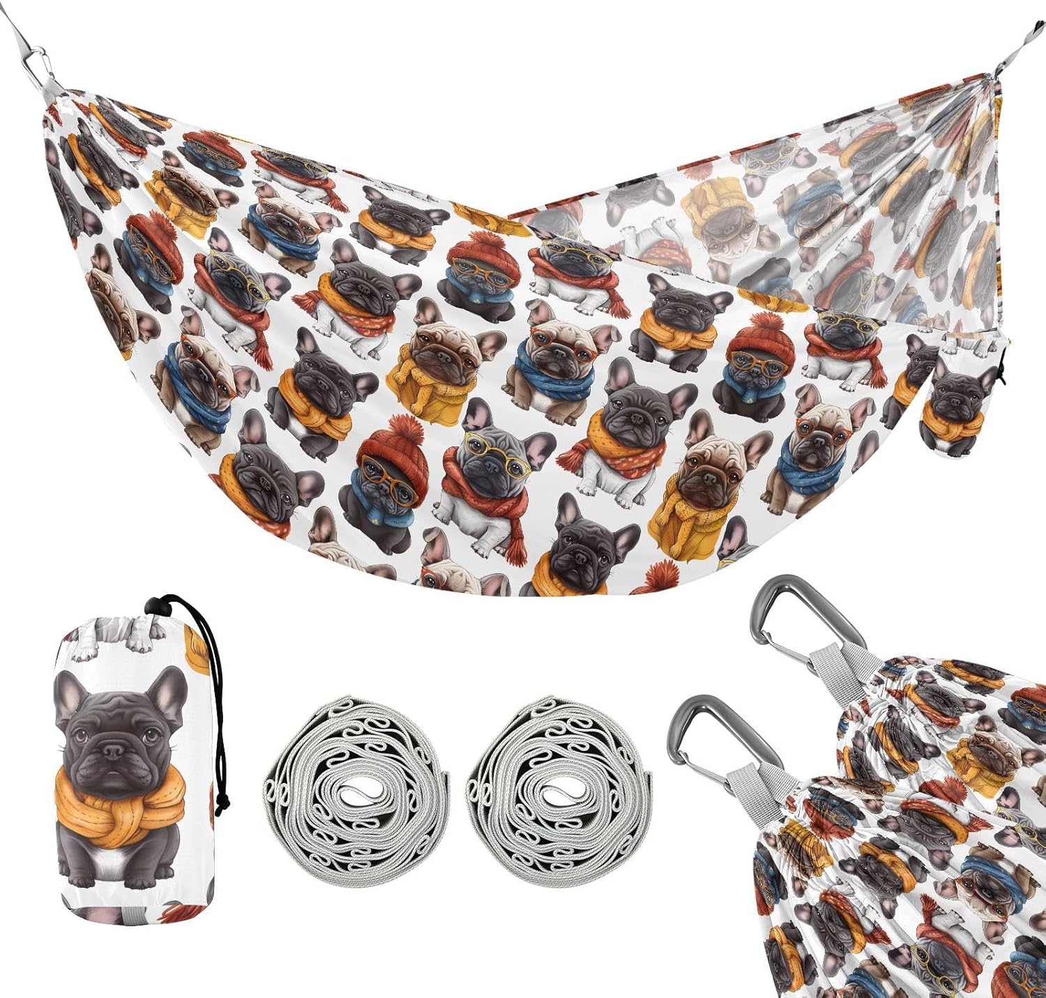 ALAZA French Bulldogs with Hat Dogs Camping Hammocks Single or 2 Person 500 lbs Portable Parachute Travel Hammock w/Tree Straps for Hiking Backpacking Indoor Outdoor