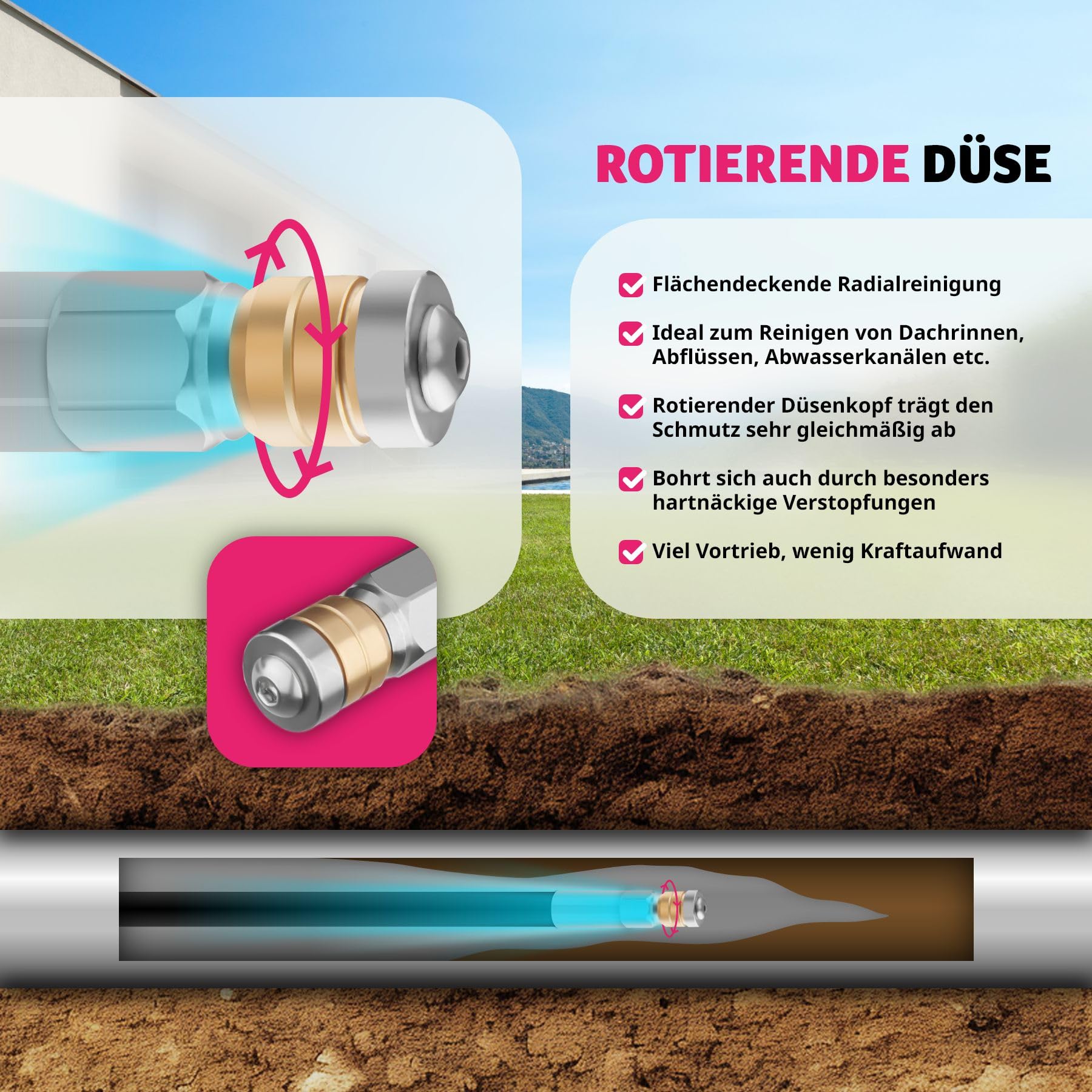 tectake® Rohrreinigungsschlauch 2x Rohrreinigungsdüse, Rohrreiniger Abflussreiniger für Hochdruckreiniger, Rohrreinigung für Abfluss, Abflussrohr, Kanalreiniger, Toilettenreiniger (30m)