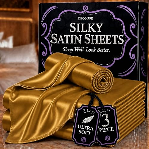 DECOLURE Satin Bed Sheets - 3 Piece Luxury Silky Twin Size Bedding Set - Softer Than Silk, Wrinkle-Free with 15” Deep Pocket Fitted Sheet, Perfect for Hair & Skin, Gifts for Women (Gold)