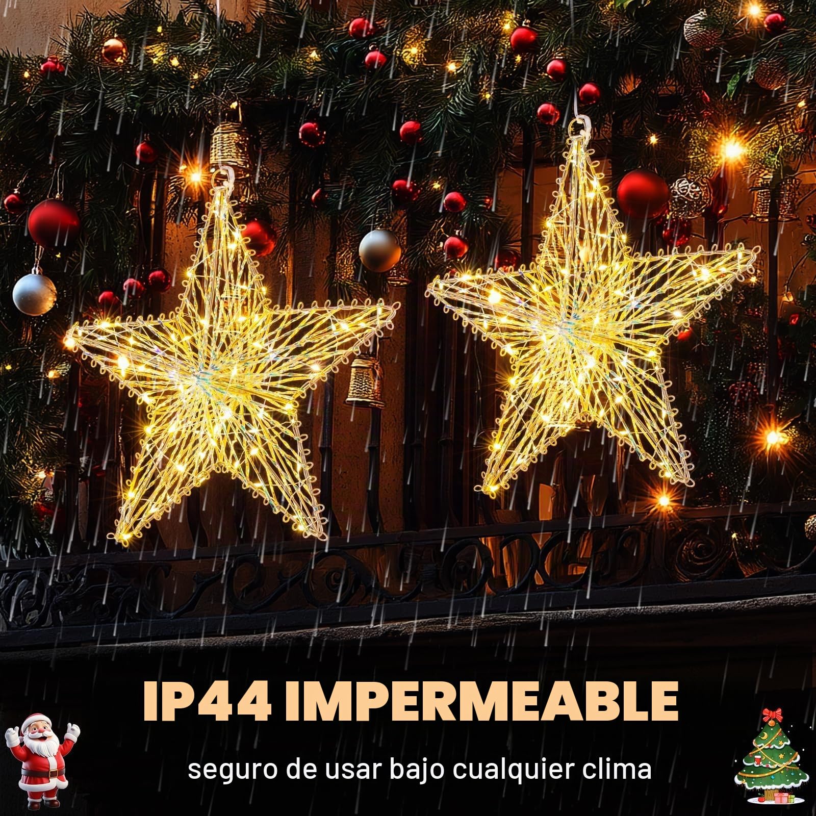 GlobaLink Estrella Interior Exterior, 2 Pc 60 LED Luces | Navidad Ventana por Batería Tridimensional Decoración Navidad Impermeable con Temporizador, 8 Modos