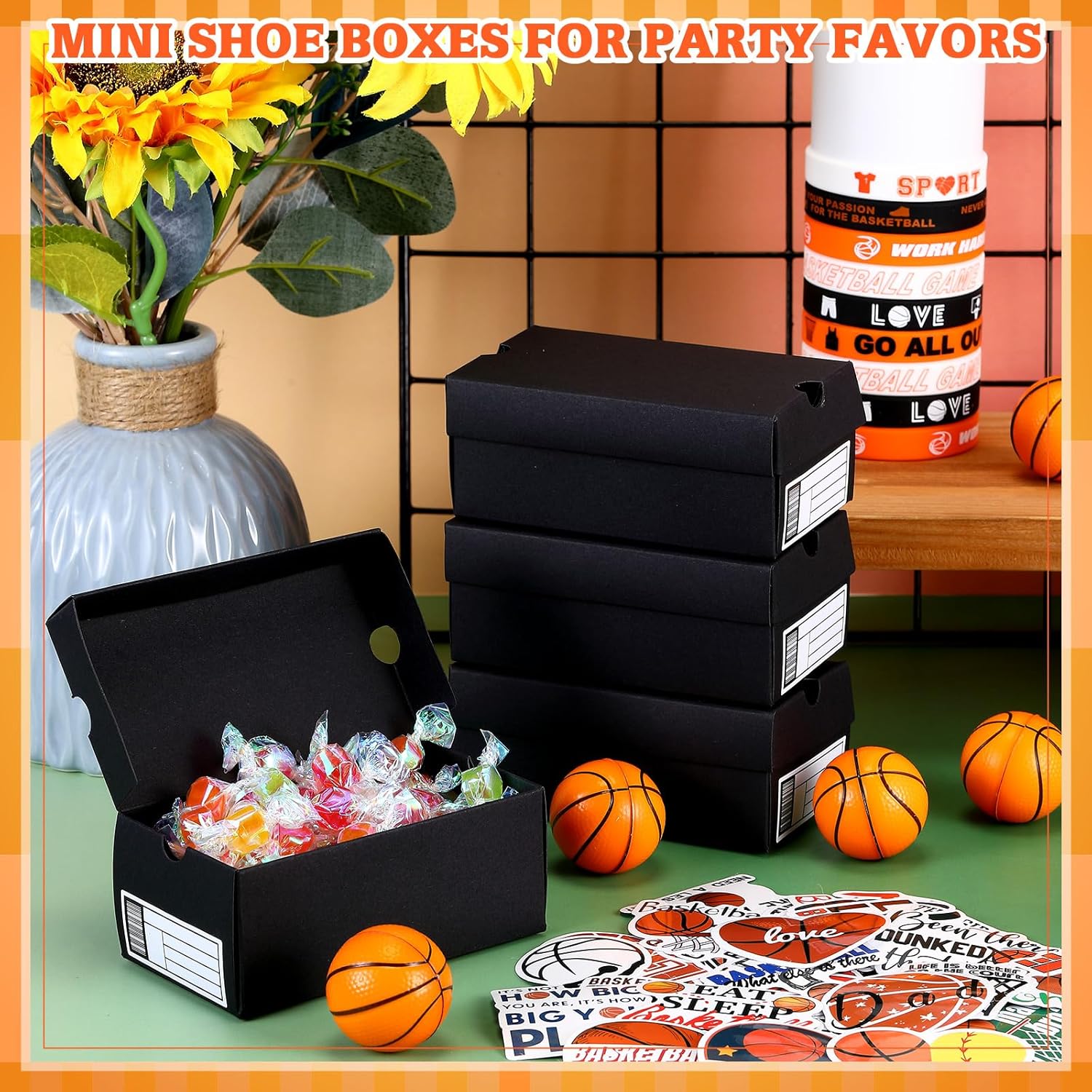 Fullhawl 12 Sets Mini Sneaker Boxes for Party Favors 4.72 x 2.56 x 1.97 Inches Mini Shoe Gifts Boxes with Editable Label Keychains Ball Bracelets Stickers for Sport Basketball Party Supplies(Black)