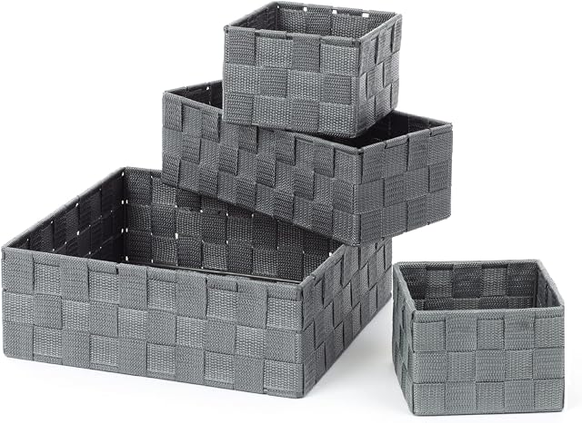 LIVIVO 4pc Woven Strap Storage Hamper Organising Baskets  Multipurpose Compartments Perfect for Kitchen, Bathroom, Living Room, Bedroom, Desk, Closet, Cosmetics, Home & Office (Grey)