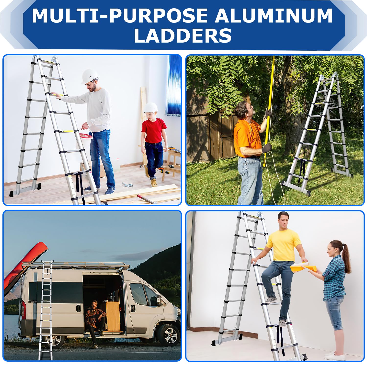 Escalera telescópica de aluminio, 3,2 m, portátil, extensible, telescópica, escalera multiuso antideslizante, capacidad de carga de 150 kg, para jardín, interiores y exteriores
