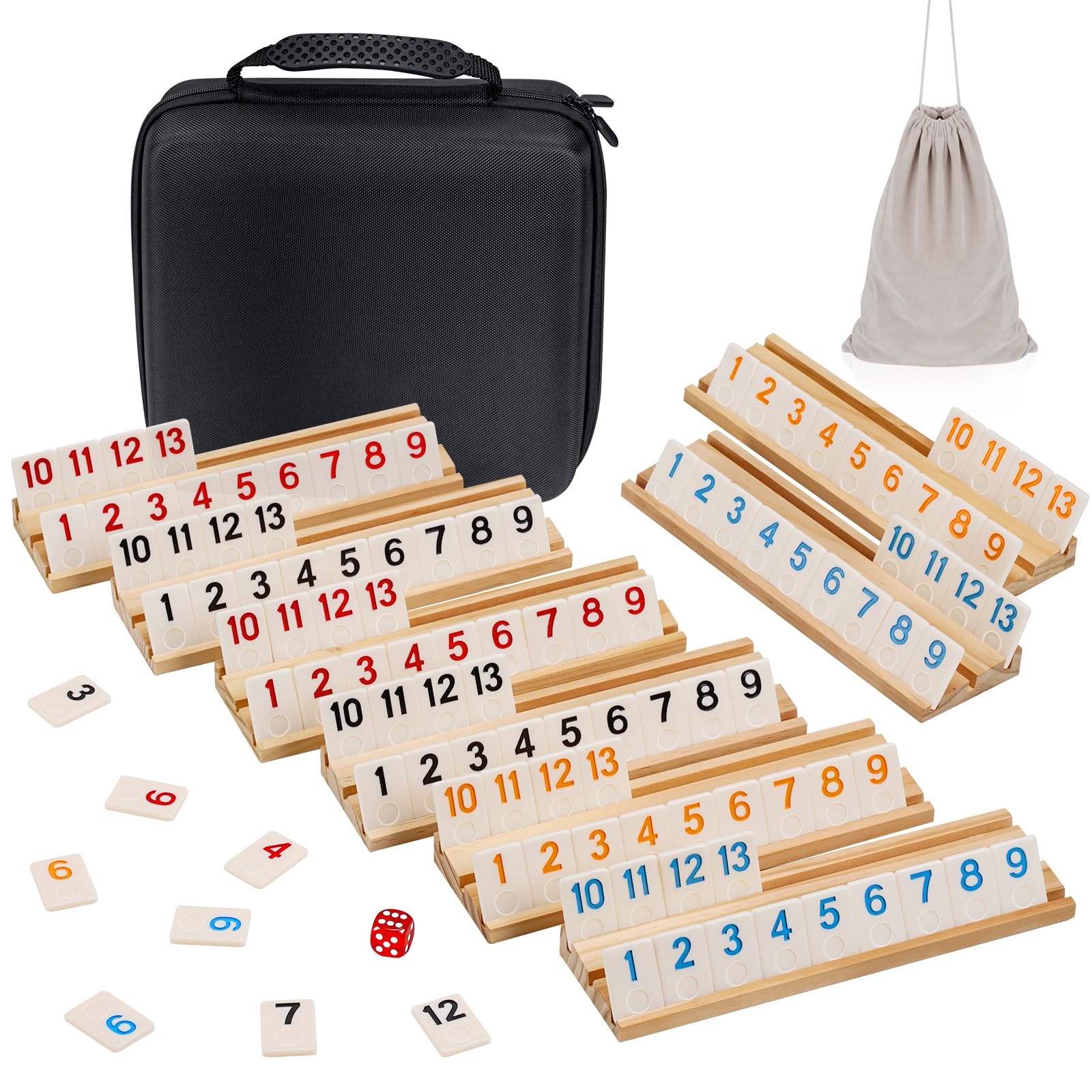 Upgraded 6-8 Players Rummy Cube Board Game Set with 8 Wooden Racks, 214 Tiles, Portable Case, Drawstring Bag and Dice, for Adults Friends Night Gifts Travel Party Sharpens Brain