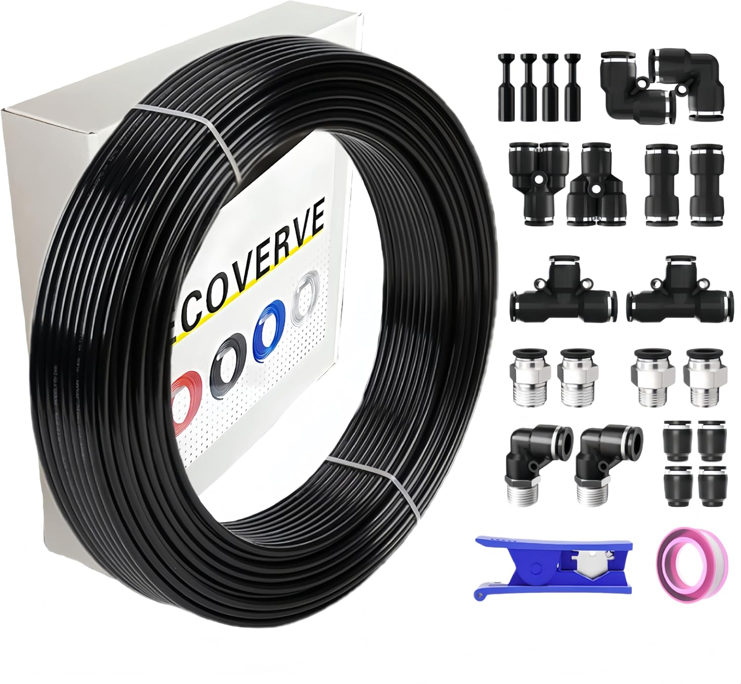 ECOVERVE PU Airline Tubing with Push-to-Connect Fittings, Compressor Tube Repair Kit for Pneumatic Tools, Air Compressors, Automobiles 1/4''OD with Connectors