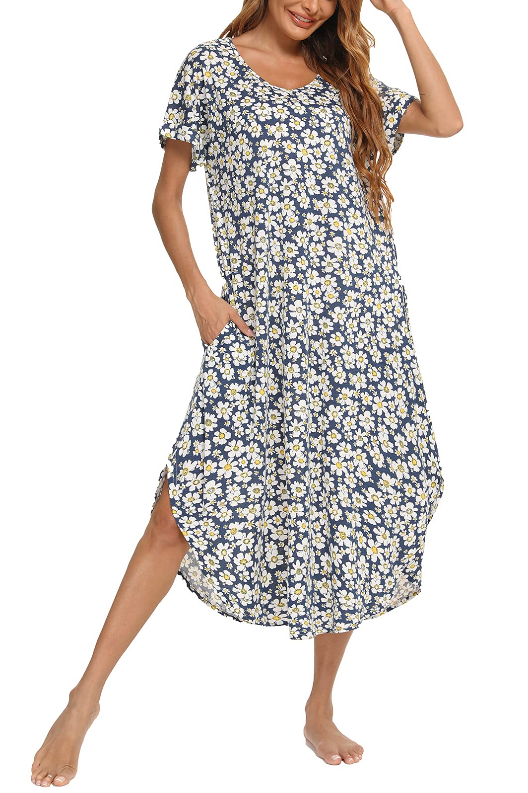 AVIIER Cotton Nightgowns for Women Short Sleeve House Dress Long Night Gown with Pockets S-XXL