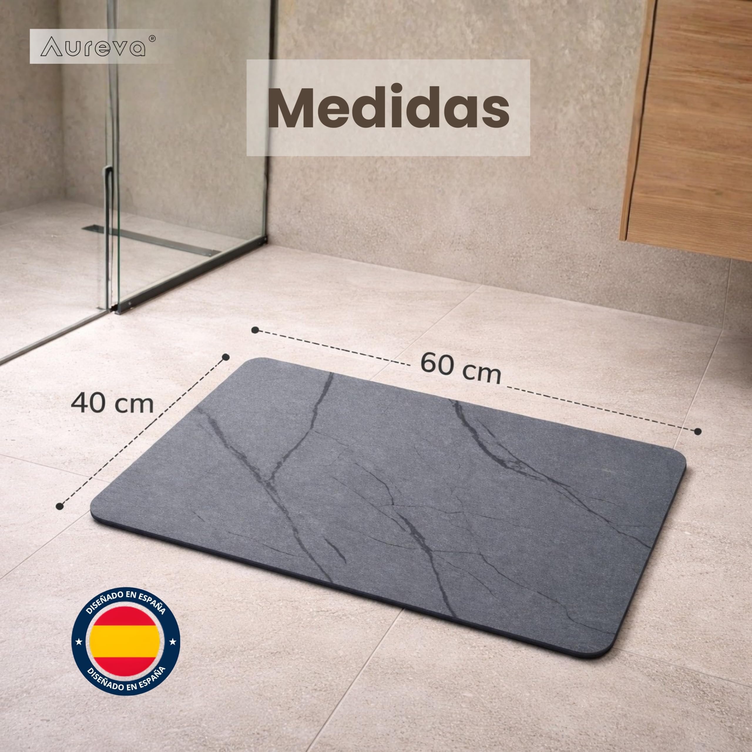 Tappeto Diatomite Bagno 60 x 40 cm - Asciugatura rapida, antiscivolo e antibatterico - Tappetino da bagno - Pietra diatomite bagno - Stone Bath Mat - Tappeto doccia - anche come scolapiatti cucina