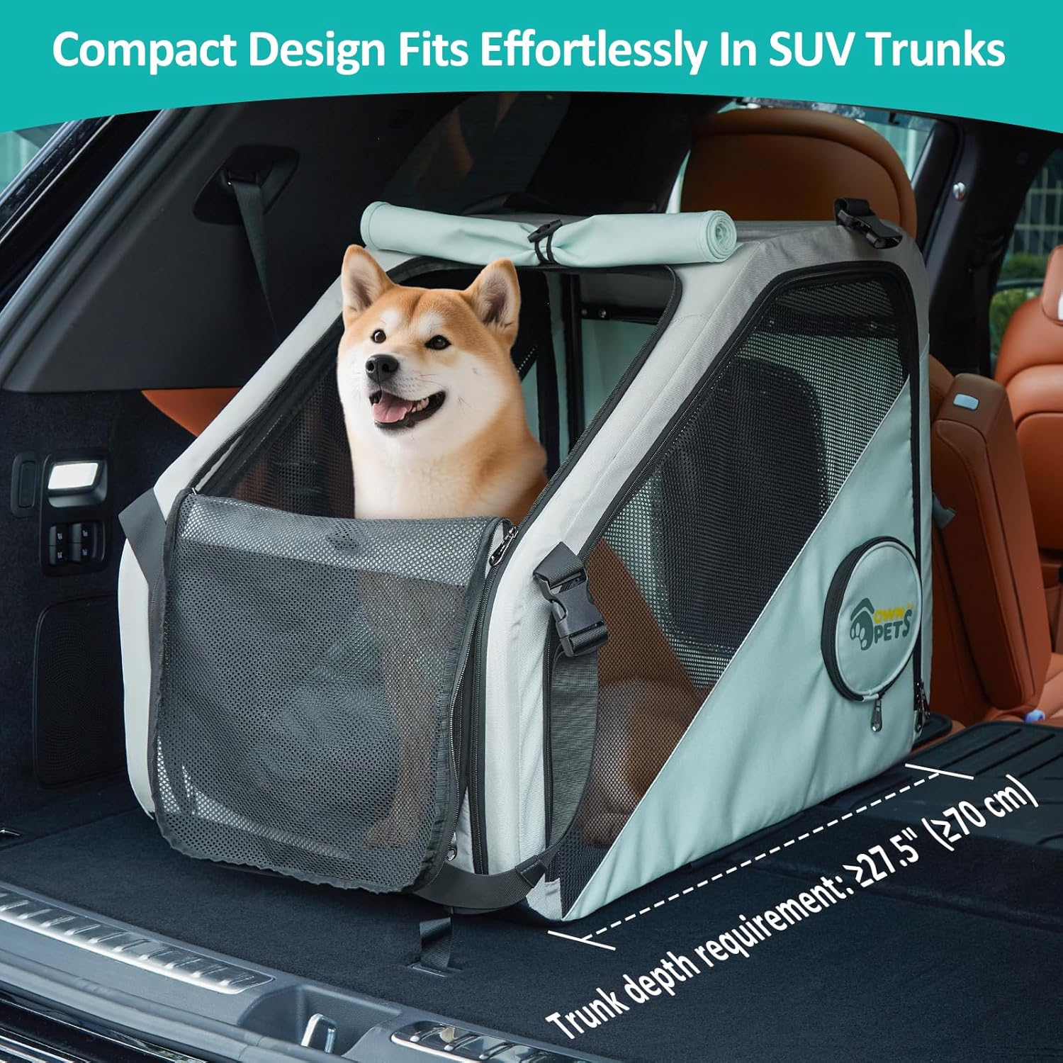 Ownpets Portable Dog Crate for Car, Collapsible Dog Travel Crate for Medium Dogs Up to 66lbs, with Seatbelt and Headrest Strap, Soft Pet Carrier for Car Back Seat, Indoor and Outdoor