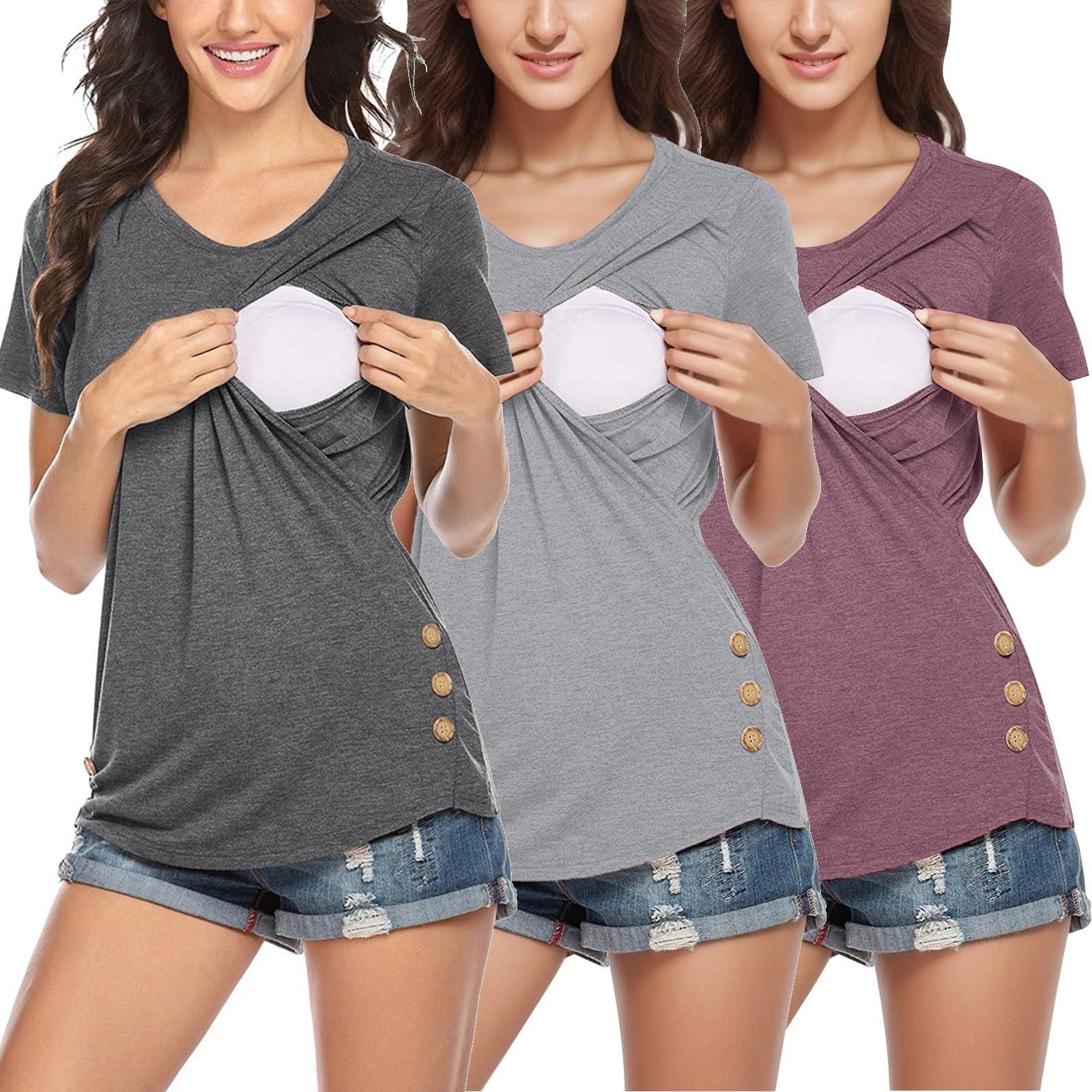 Lot de 3 t-shirts d'allaitement à manches courtes et col rond pour femme enceinte Couleur unie