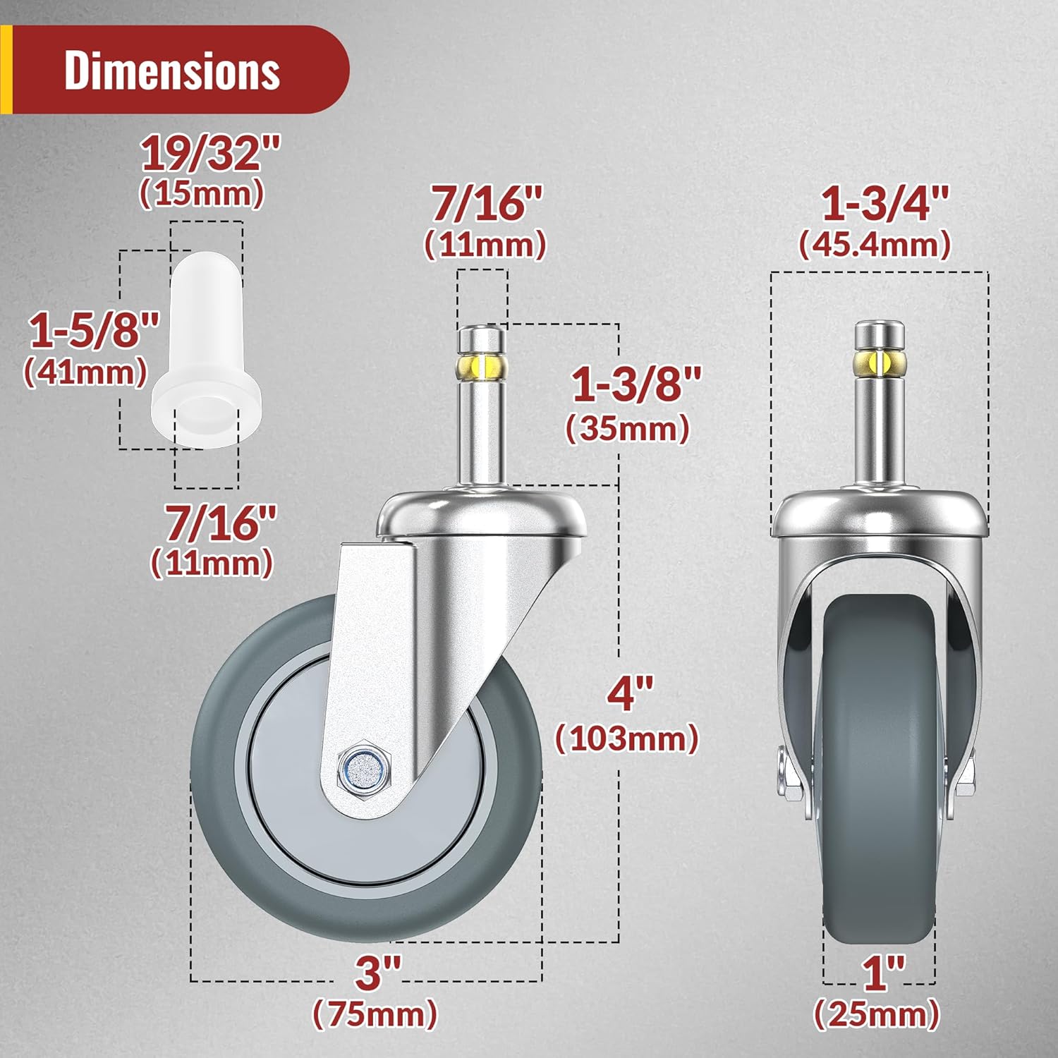 HOLKIE Stem Caster Wheels 3 inch Casters Set of 8, 7/16-Inch Stem Diameter Swivel Castors Heavy Duty TPR Rubber Replacement Castor for Cart, Stool, Mop Bucket, Grill, Shop Vac