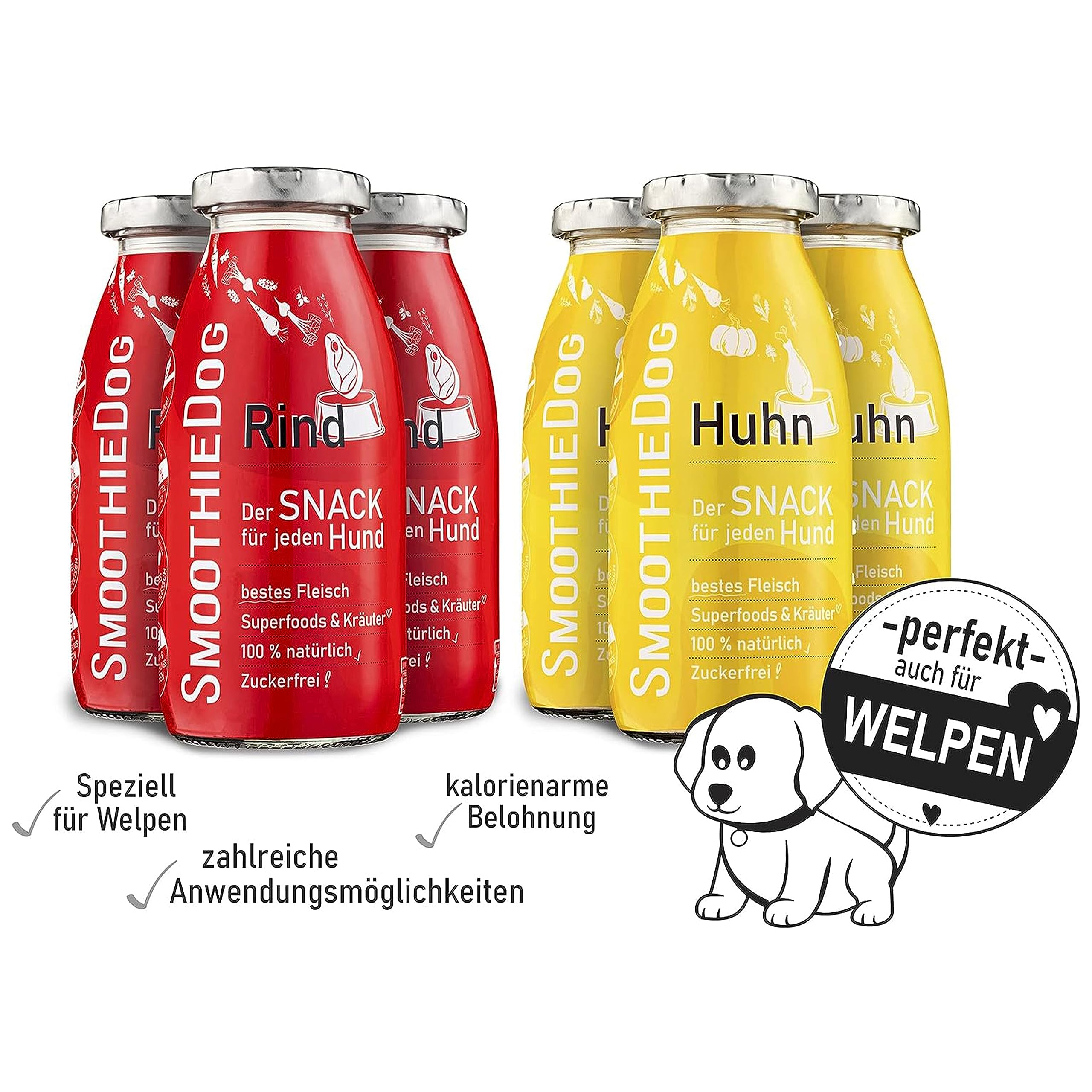 Hunde Smoothie SmoothieDog 12er Mix - je 6X: Huhn, Rind - Flüssiges Hundeleckerli - Zucker- & glutenfrei - je 250ml