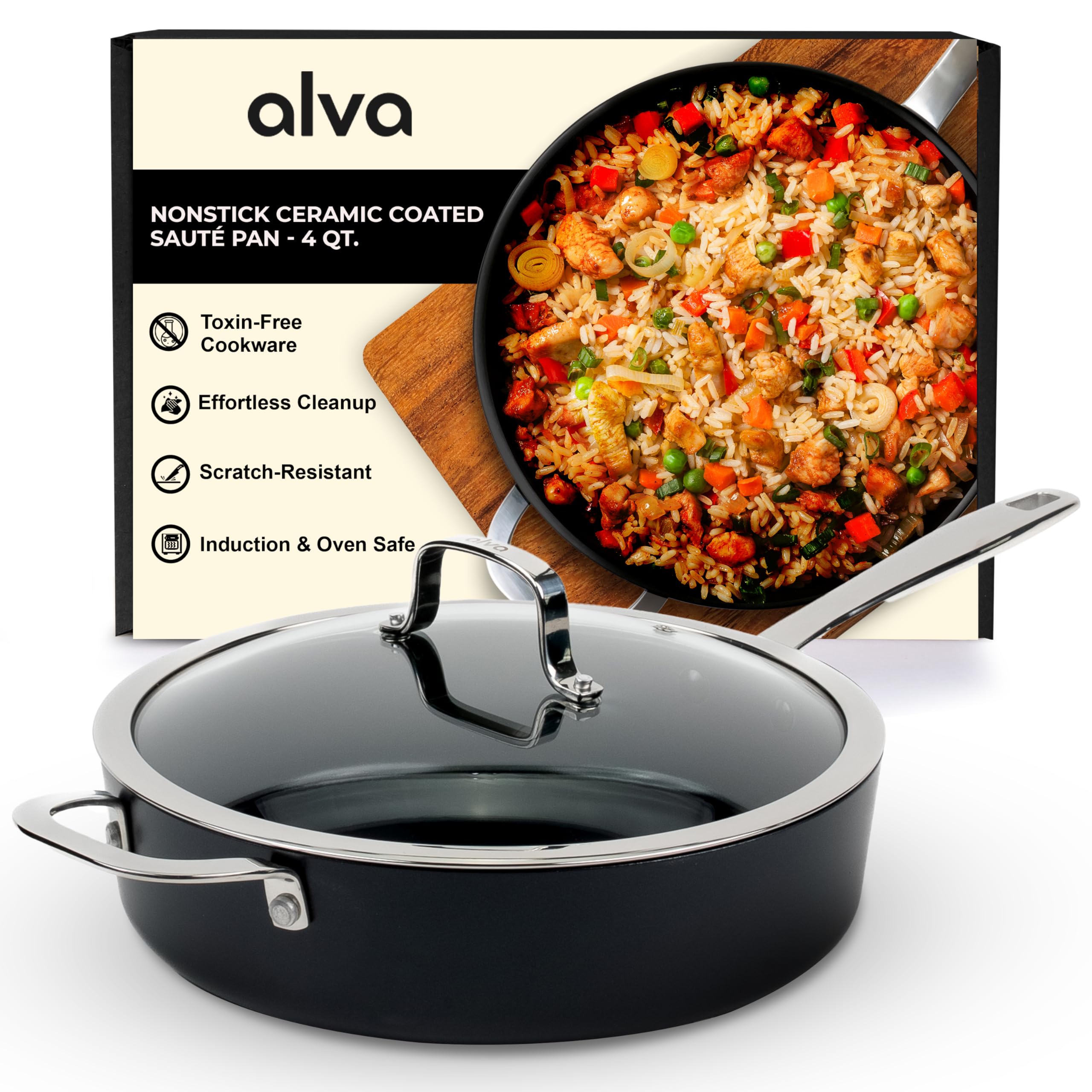Alva Maestro Nonstick Ceramic Saute Pan with Glass Lid 4Qt. - Easy to Clean, Oven Safe and Made without PFAS, PFOA & PTFE - Induction and All Stovetop Compatible with Even Heat Distribution