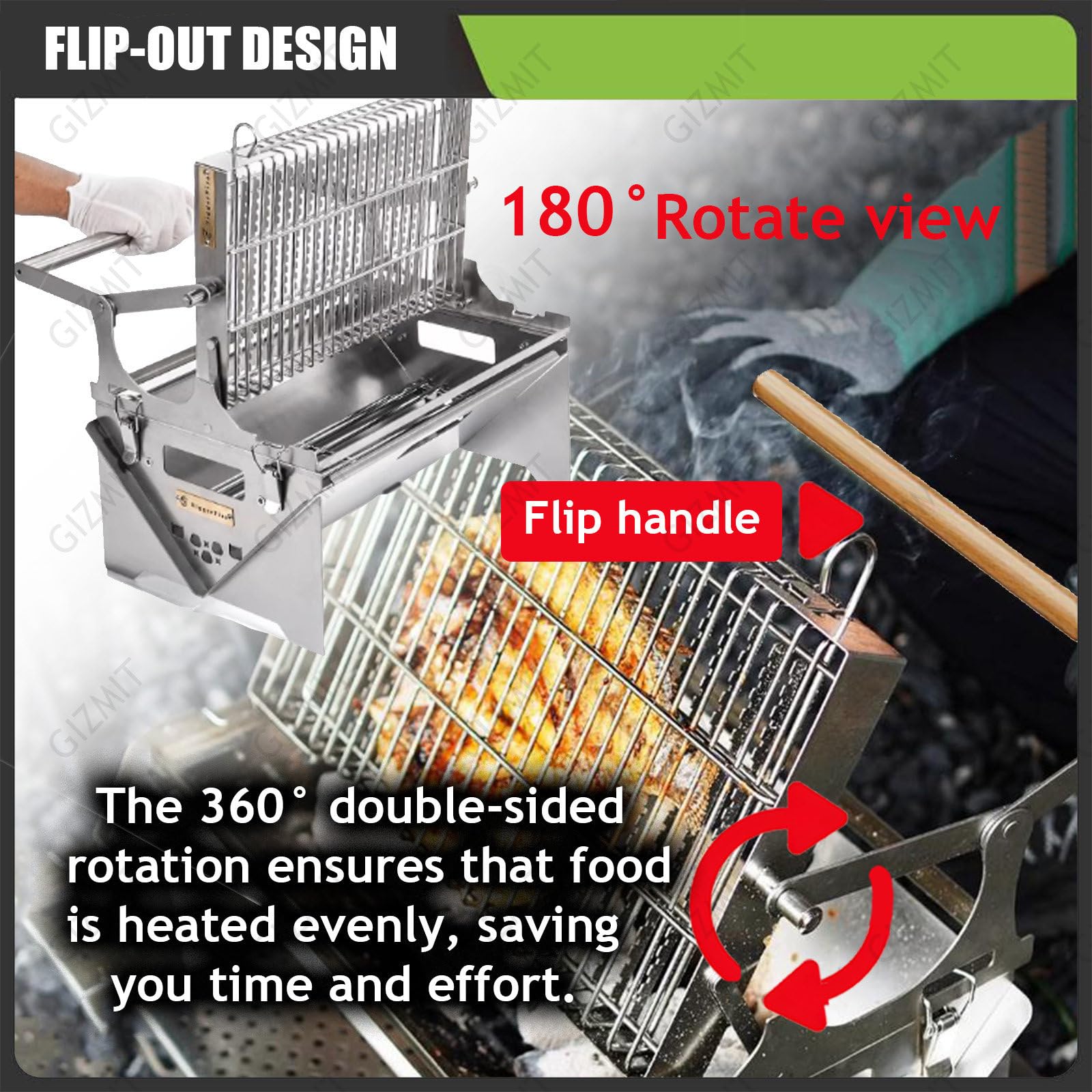 Przenośny grill ze stali nierdzewnej, obracany o 360° grill na węgiel drzewny z obracanym koszem na kemping, tailgating i przygody na świeżym powietrzu, w zestawie torba do grillowania
