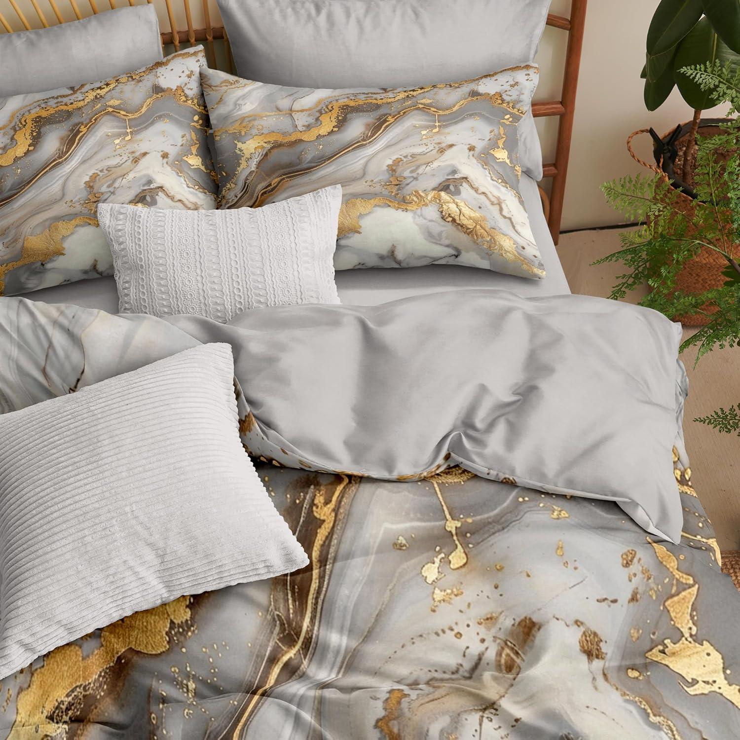 Abstract Marble Comforter Set Queen Size for Adult Grey Golden Metallic Bedding Set with Watercolor River - 3 Pieces Soft Fluffy Microfiber for All Seasons(Gilrs Women) - Image 7