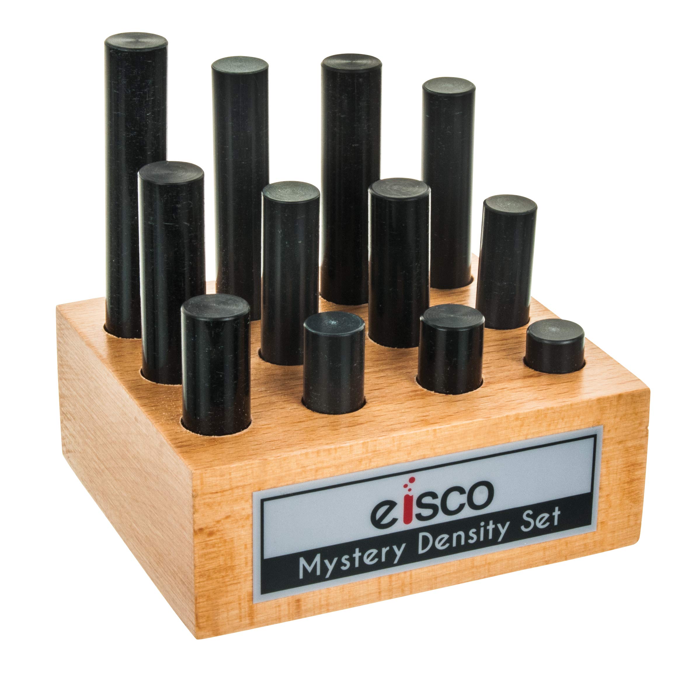 Eisco - 12-Piece Mystery Density Activity Set, Cylindrical Bars, 0.5" Diameter, Various Lengths, Includes Wooden Storage Block & Manual, Explore Mass, Volume & Density, Physics & Chemistry Lab