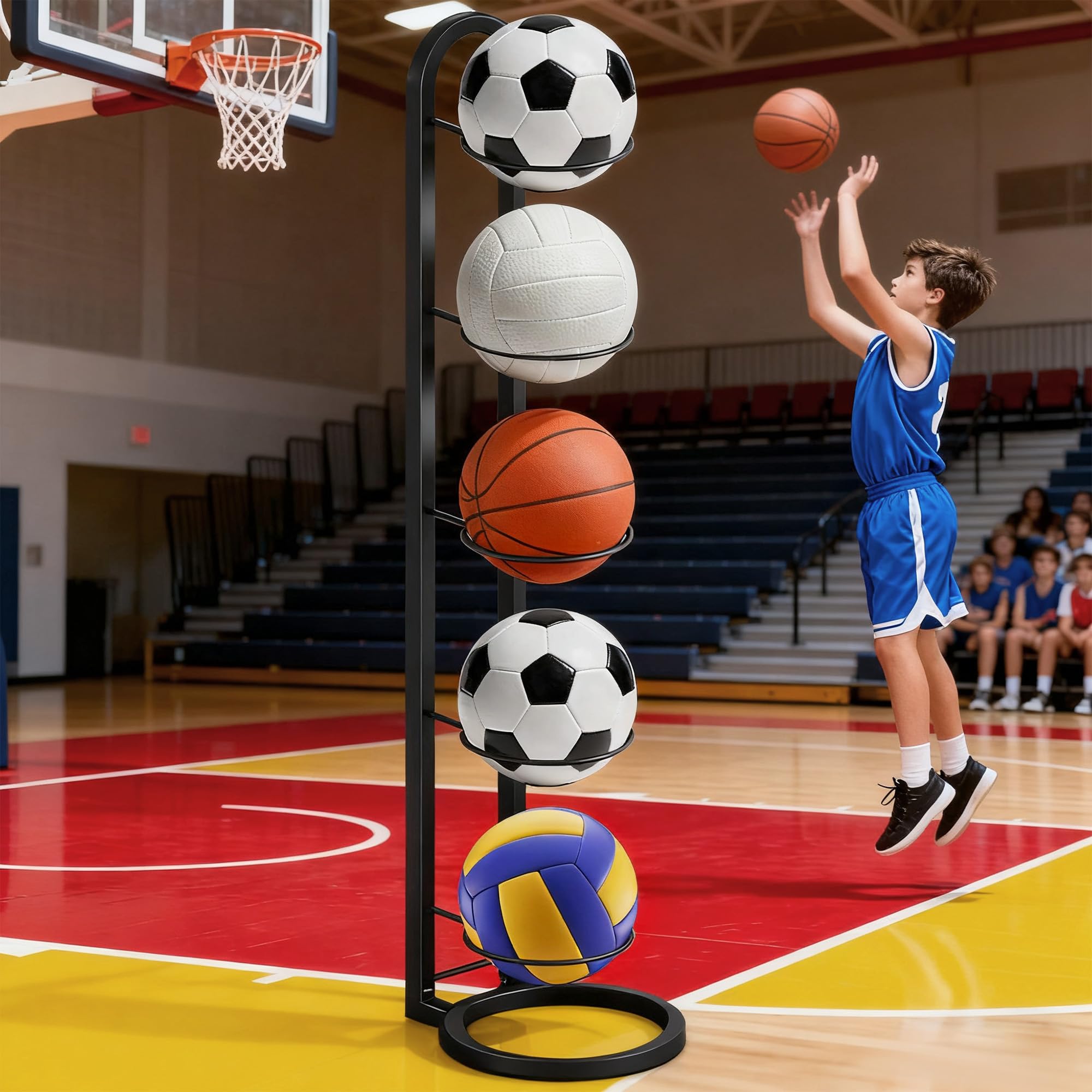 Support de Rangement pour Ballon à 5 Niveaux, Support Ballon Basket en Métal, Rangement pour Balles de Garage, Adapté au Basket-Ball, au Volley-Ball et au Football (Blanc)