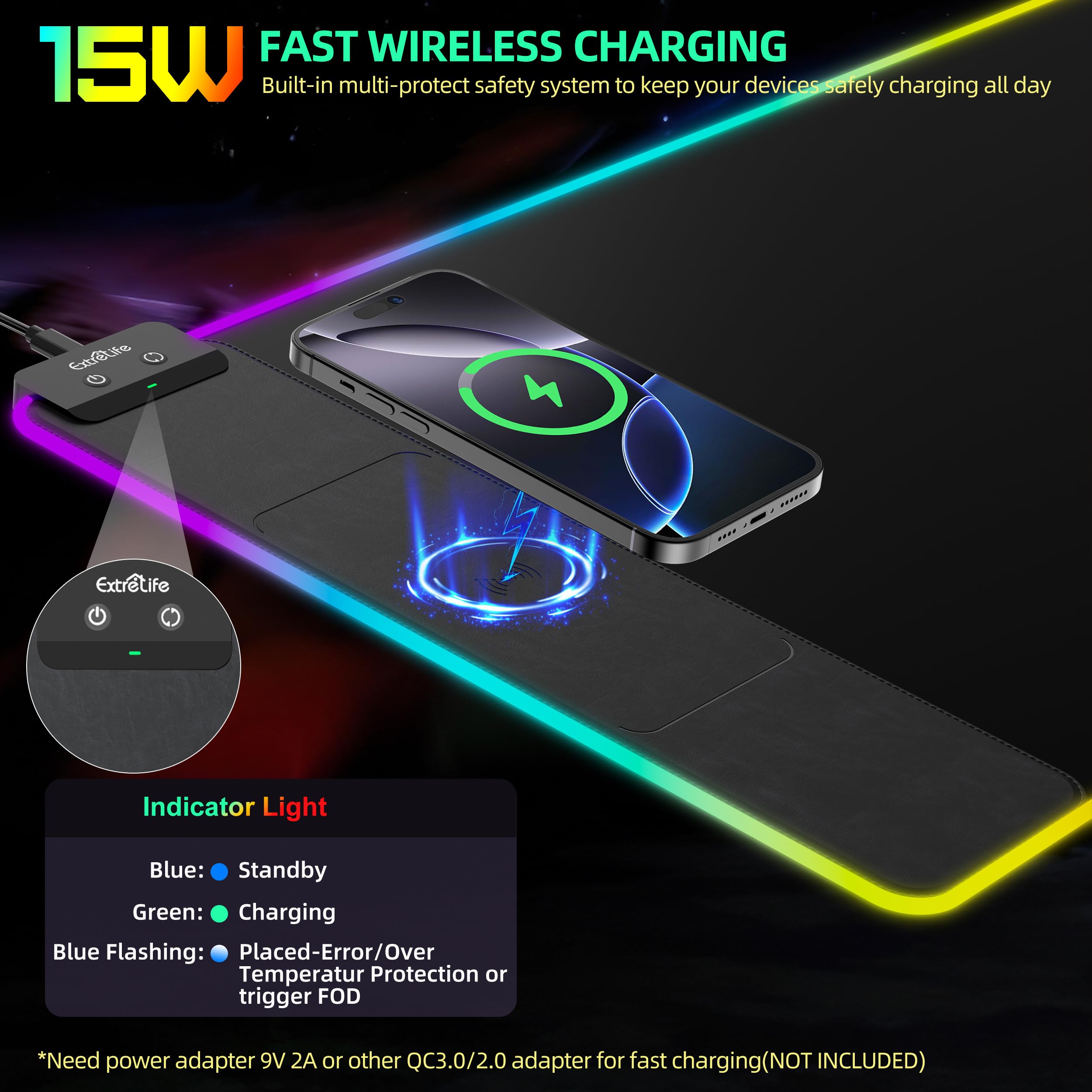 Tappetino per mouse con ricarica wireless, tappetino per mouse da gioco RGB, grande tappetino da scrivania con superficie ultra liscia, tappetino per mouse antiscivolo, tappetino impermeabile per