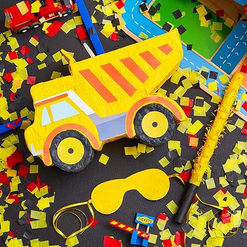 Miniatura 4 de Piñata de camión volquete para niños, suministros de fiesta de cumpleaños, recuerdos de fiesta de construcción, palito de piñata y confeti vendado