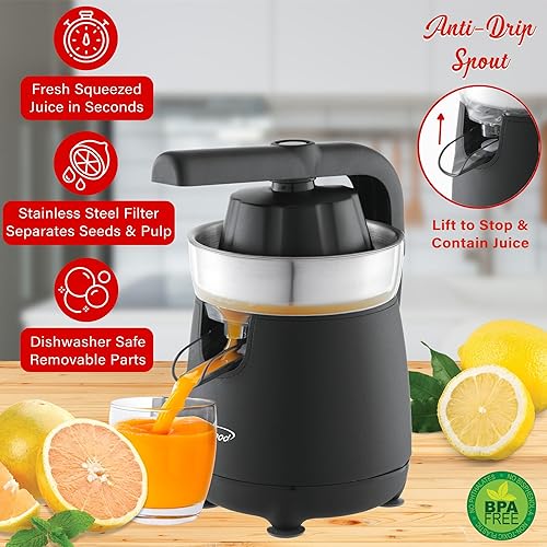 Miniatura 2 de Brentwood Potente exprimidor eléctrico de cítricos, naranja, limón, lima y pomelo, palanca ergonómica, 2 conos, piezas aptas para lavavajillas