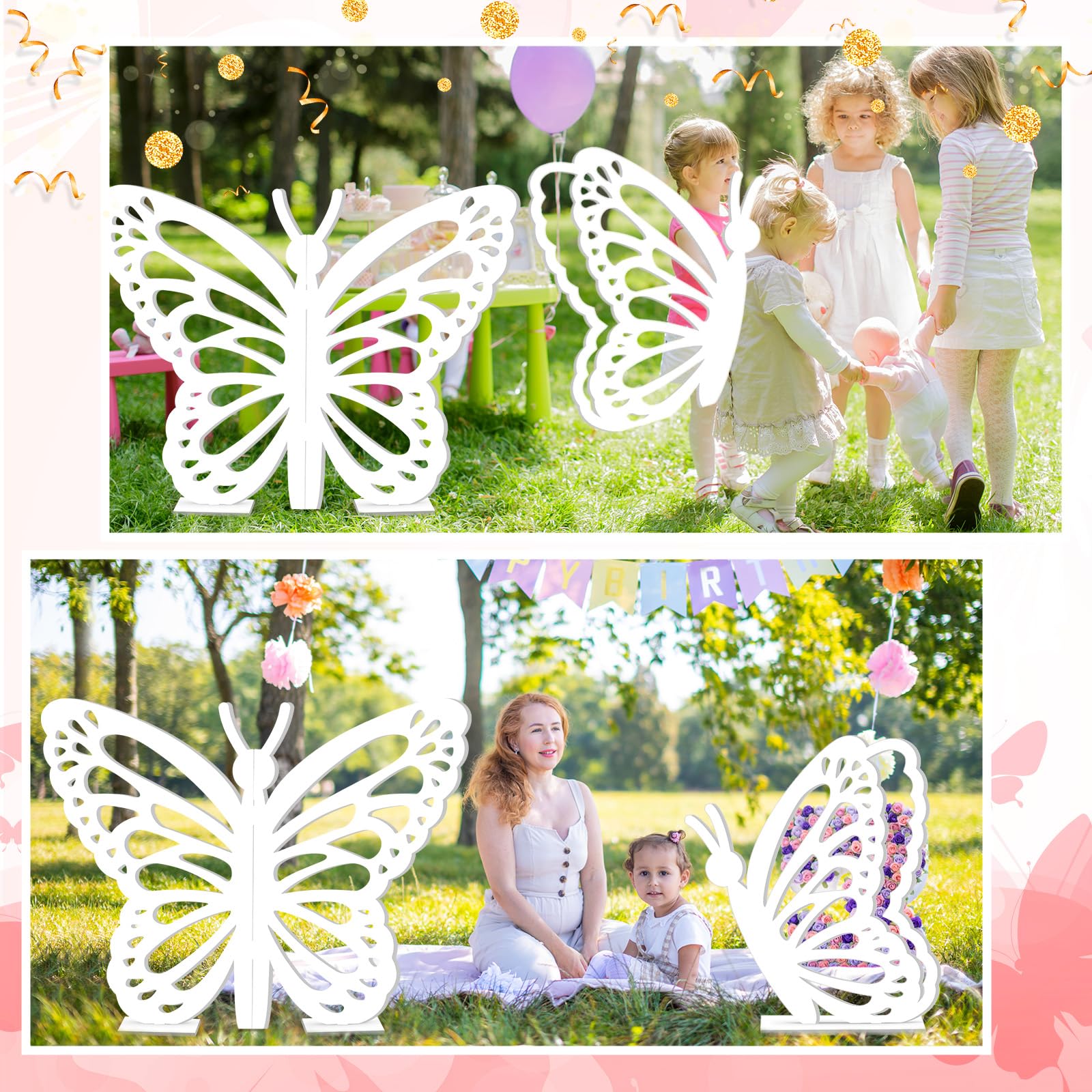 Yousoontic 2 Stück große Holz-Schmetterlingsrequisiten – Stehende Flügel Ausschnitt Hintergrund Dekoration für Geburtstag, Babyparty, Hochzeitsfeier (weiß, 90 cm und 60 cm)