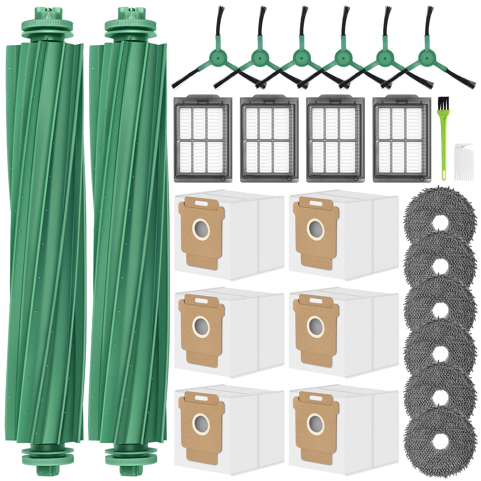 Accesorios Recambio para iRobot Roomba Plus 505/405/507 Combo, 2 Cepillo Principal, 6 Paño Para Fregona, 6 Bolsa Para El Polvo, 4 Filtro HEPA, 6 Cepillo Lateral