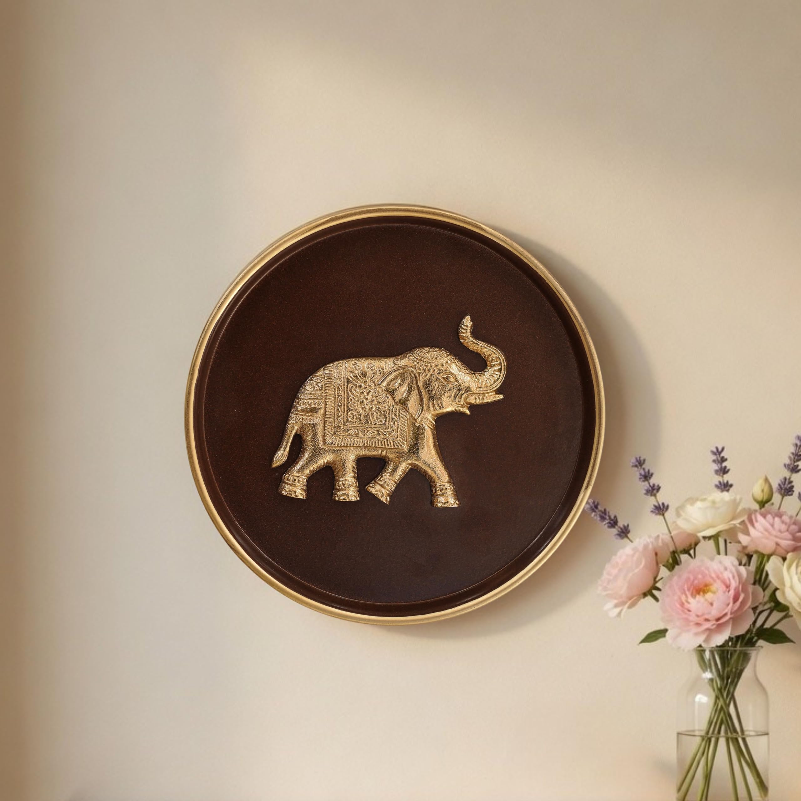 BEHOMA Elephant Metal Wall Plate Coffee Brown & Gold 8.4" | Decorative elephant wall hanging for living room, hallway & office. Handcrafted metal finish.