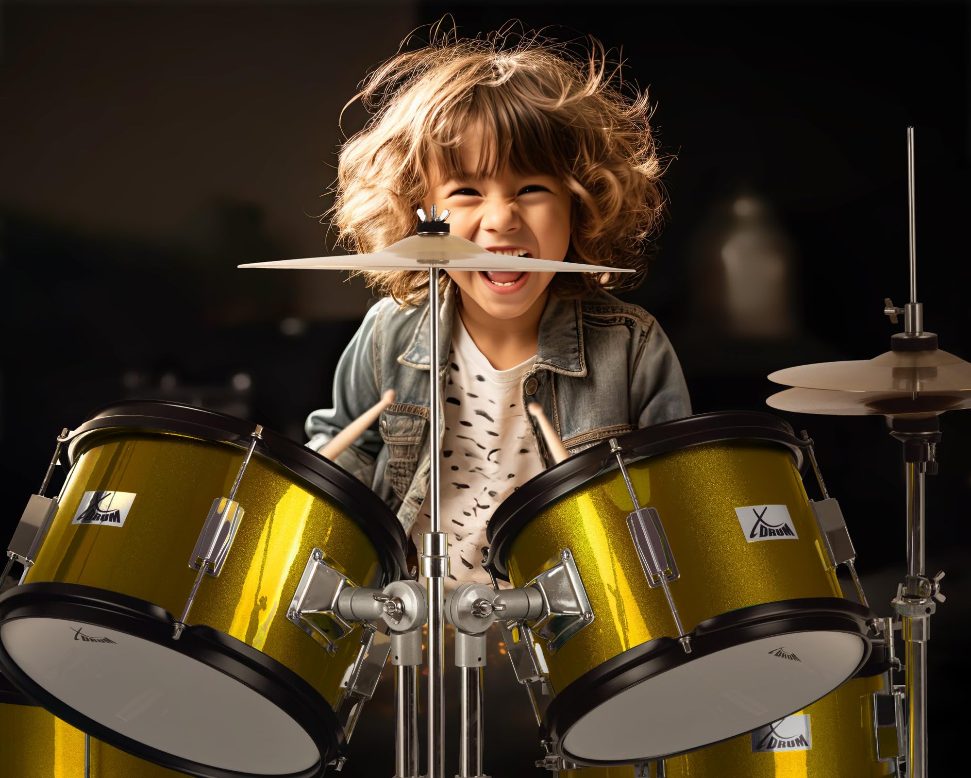 XDrum Junior Pro Kinder Schlagzeug Sunset Gold Sparkle - geeignet von 5-9 Jahren - Drumset mit komplettem Zubehör - inkl. Schule - Orange