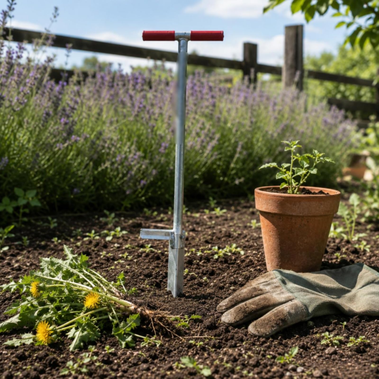Unkrautstecher Gartenwerkzeug Hand Jäter Unkrautentferner mit Langem Stiel T Griff Metallklinge Hebeltritt Rückenschonend für Gartenarbeit Rasen Kanten