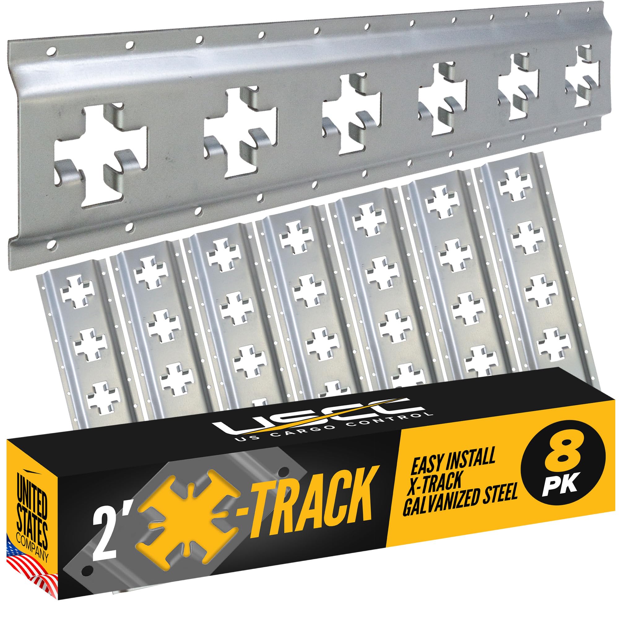 US Cargo Control X Track Rails (8-Pack), 2 FT Galvanized X-Track Rail for Trailers, Pickup Trucks, Garages, and Sheds - Use with E-Track Straps for Vertical and Horizontal Alignment