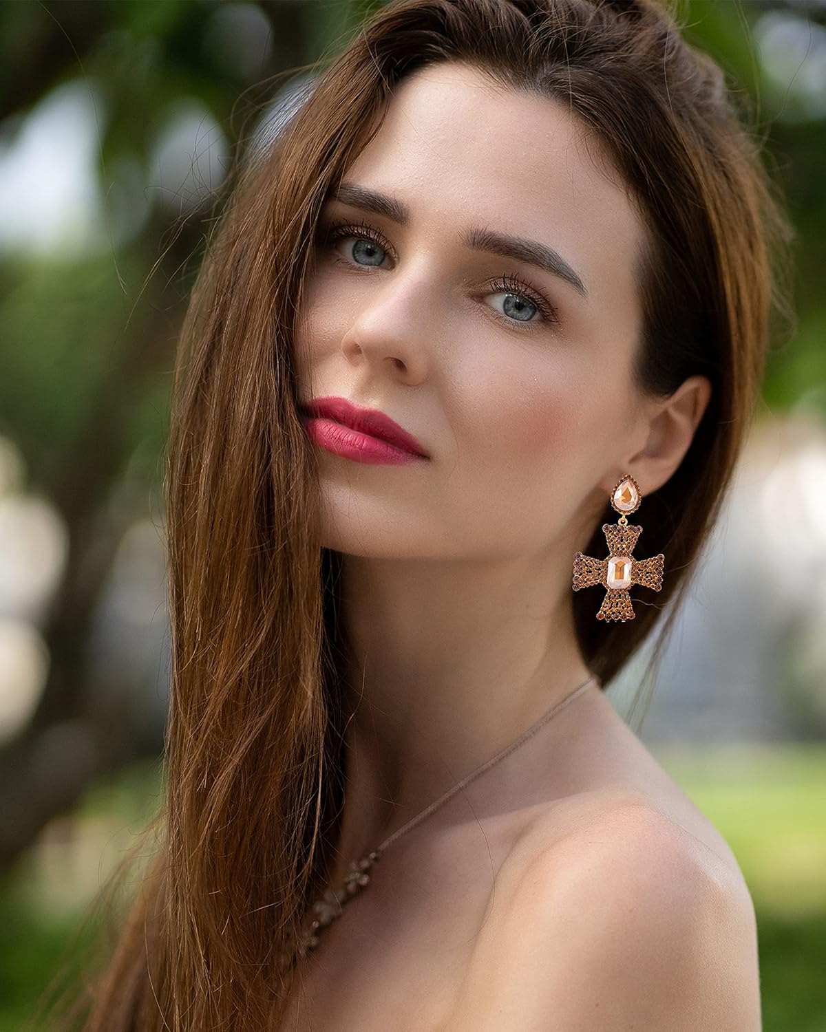 Statement Clip on Earrings Imitation Rhinestone Crystal Big Cross Clip on Earrings for Women Hypoallergenic Clip Drop Dangle Earrings for Wedding Bride Formal Party Mother's Day Gifts - Image 2