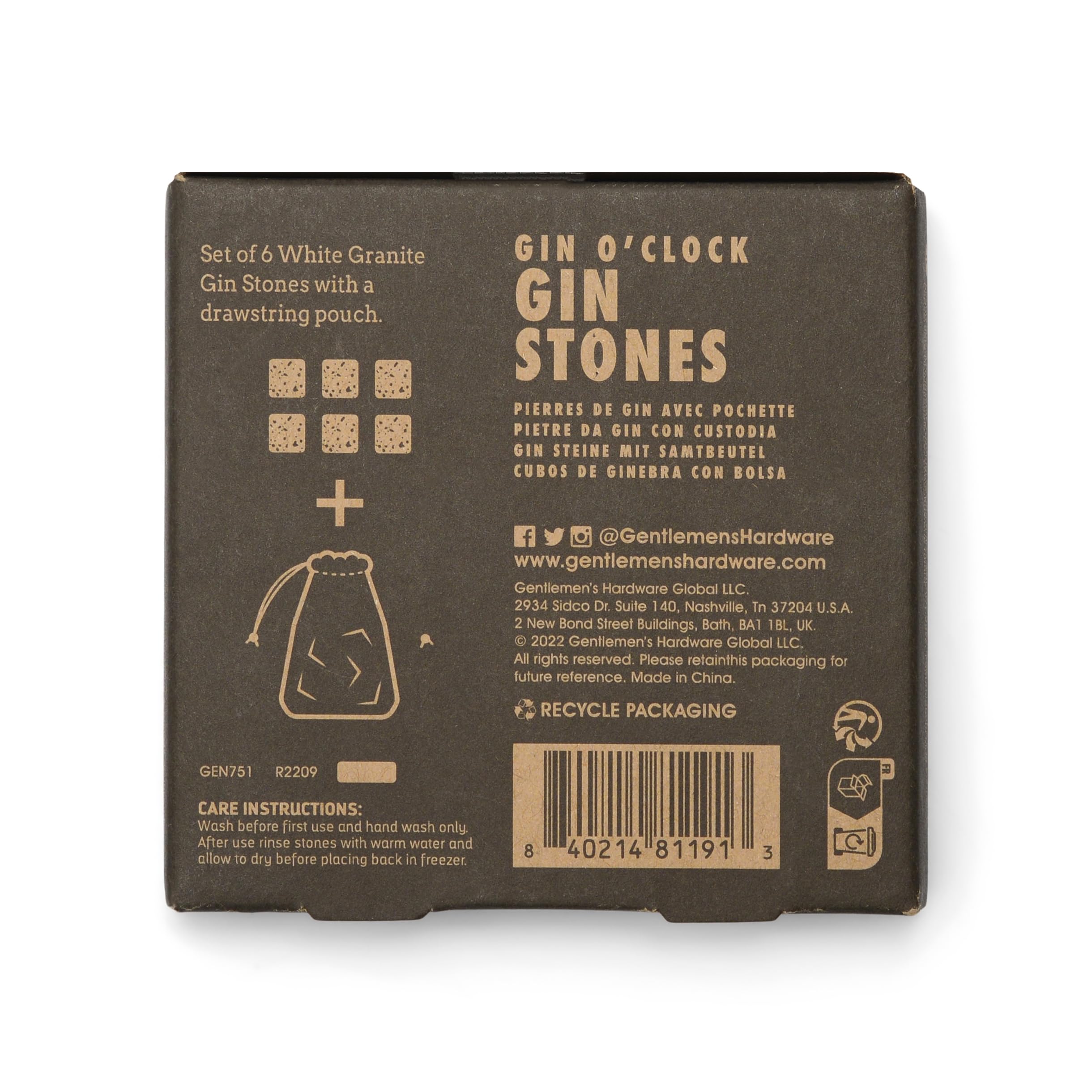 Gentlemen's Hardware Cube Gin Stones Granite Fabric, White, Set of 6