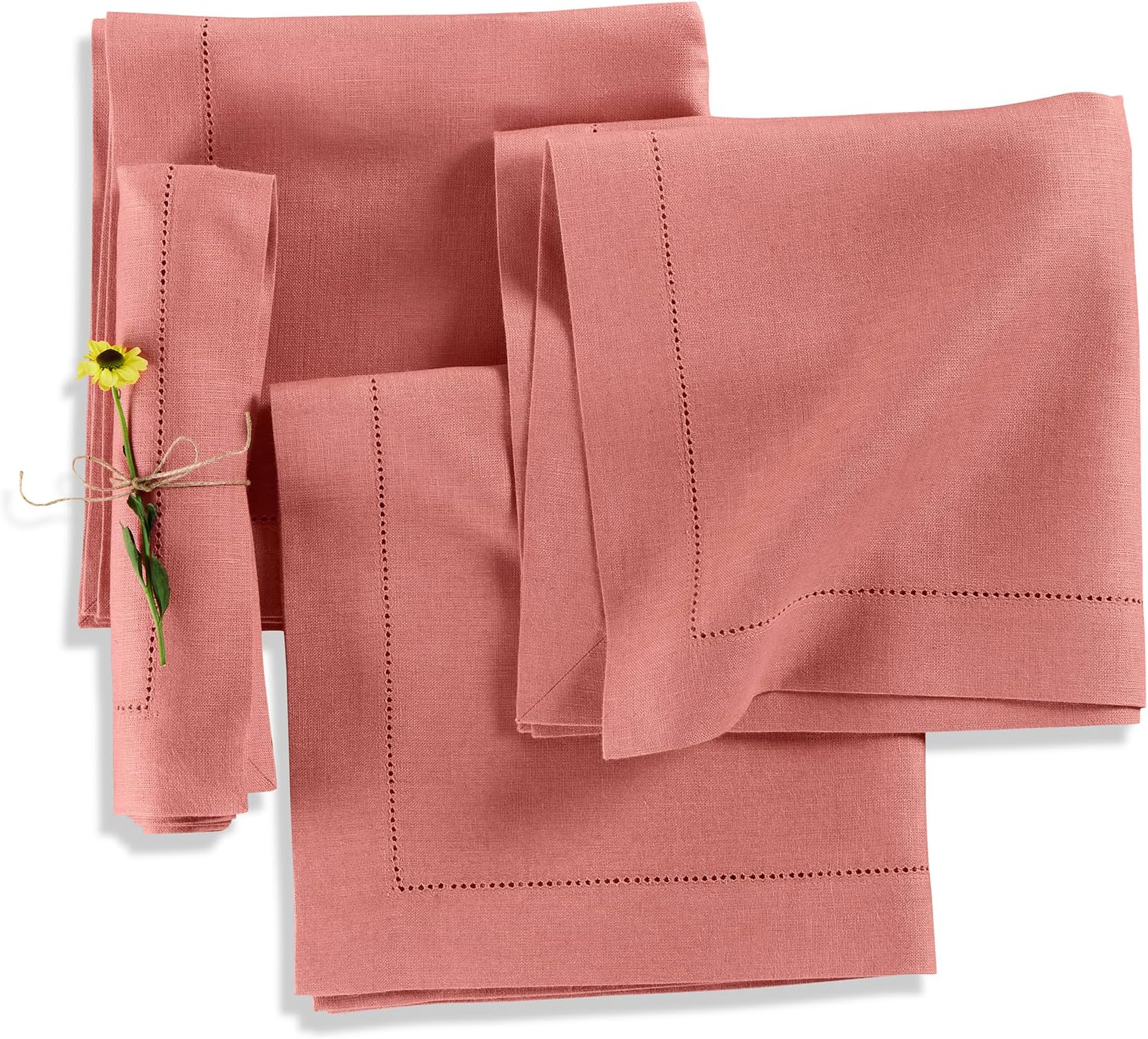 Solino Home Linen Napkins Set of 4 - Medium Weight 100% Pure Linen Hemstitch Dusty Rose Dinner Napkins Cloth 20 x 20 Inch for Mothers Day, Spring, Summer - Handcrafted and Machine Washable