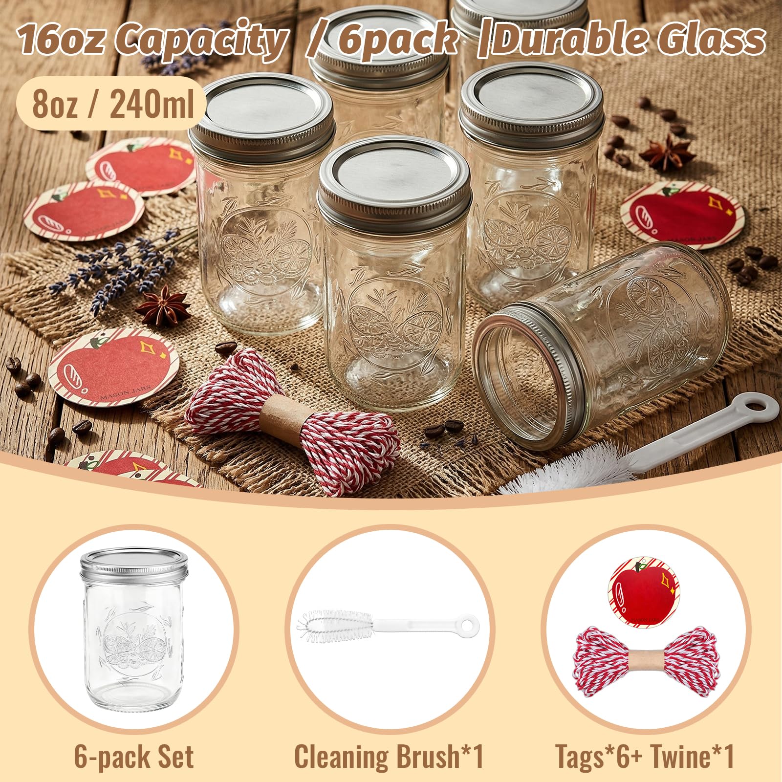 AuroTrends Confezione da 6 barattoli a bocca larga da 473,6 ml, con segni di misurazione, con coperchi e nastri per conserve, fermentazione, decapaggio, avena durante la notte, artigianato fai da te