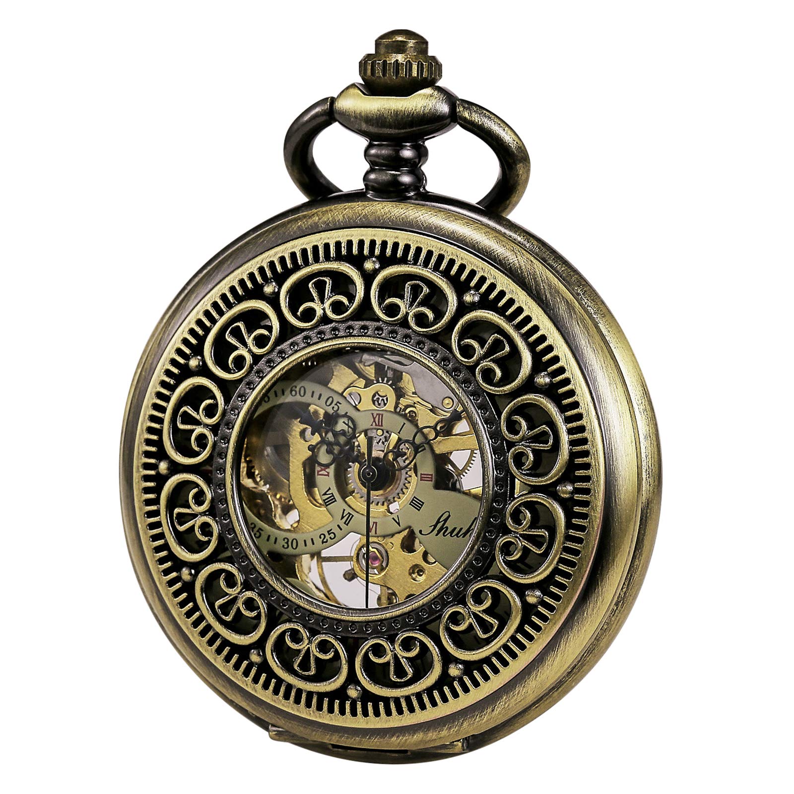 TREEWETO Taschenuhr mit Kette Herren Analog Handaufzug Antik Skelett Römische Ziffern Bronze