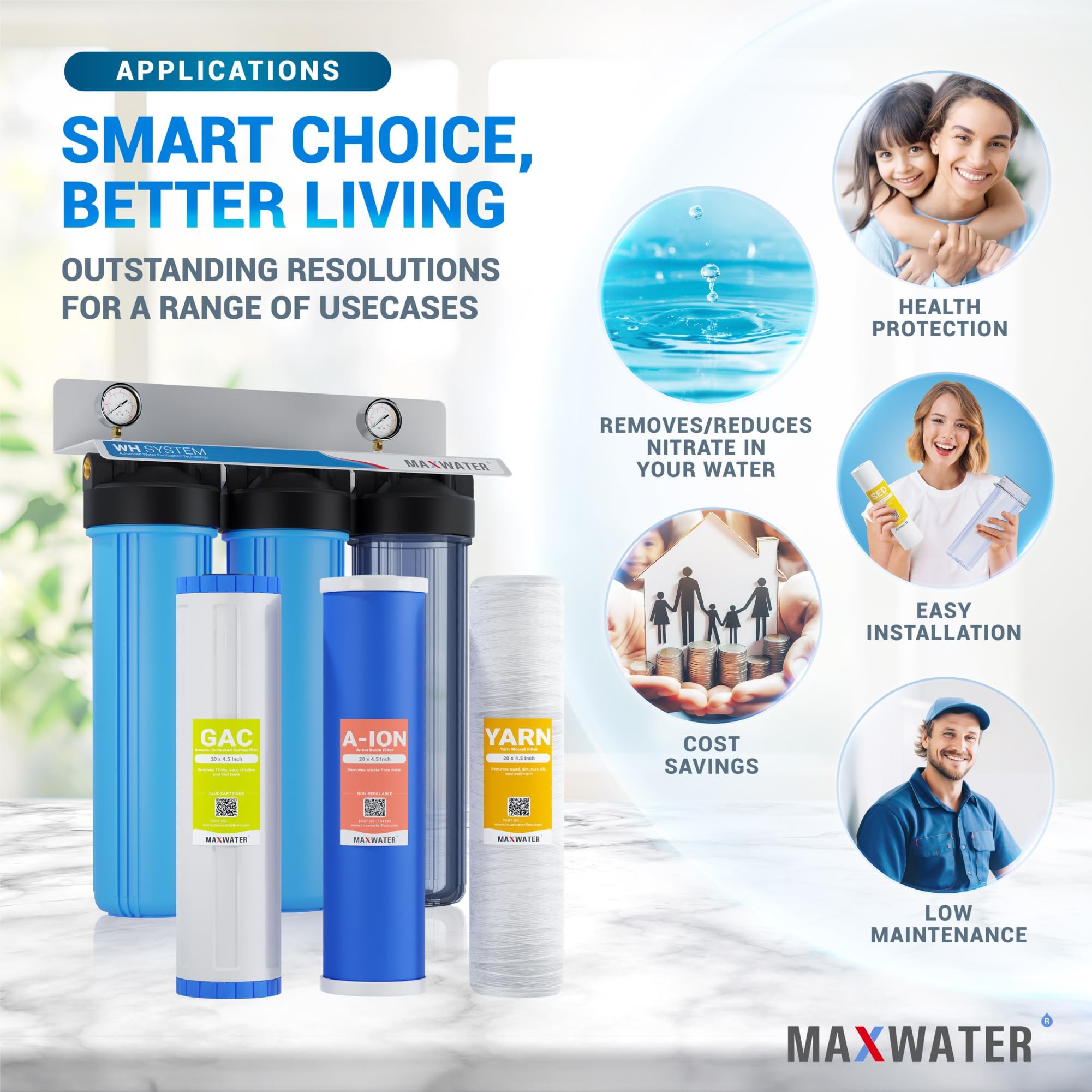 Sistema de filtración de agua de tanina/nitrato WH BB de 3 etapas, 20 x 4.5 pulgadas, puertos de 1 pulgada