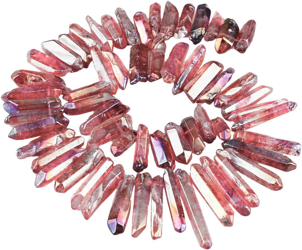 SUNYIK Red Crystal Points Titanium Coated Quartz Polished Sticks Spikes Point Beads 15 inch Strand Drilled