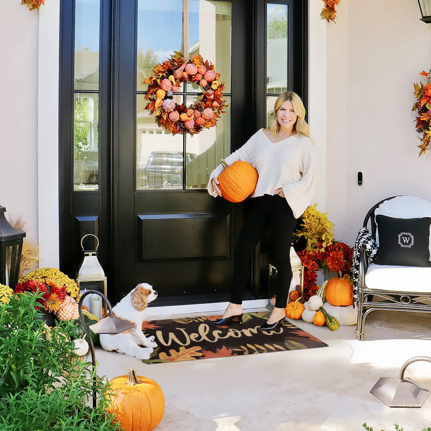 Fall Leaves Welcome Doormat Indoor Outdoor Home Front Porch Rugs Thanksgiving Carpet Gift Autumn Entrance Decoration Supplies 17 x 30 Inches