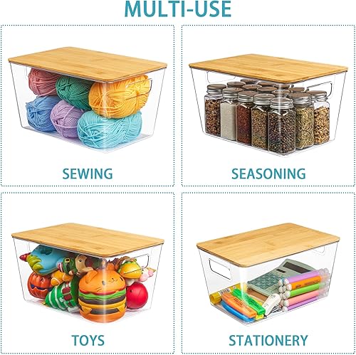 Miniatura 4 de Vtopmart Paquete de 6 cubos organizadores de almacenamiento apilables transparentes con tapas de bambú, recipientes grandes de plástico con asa para