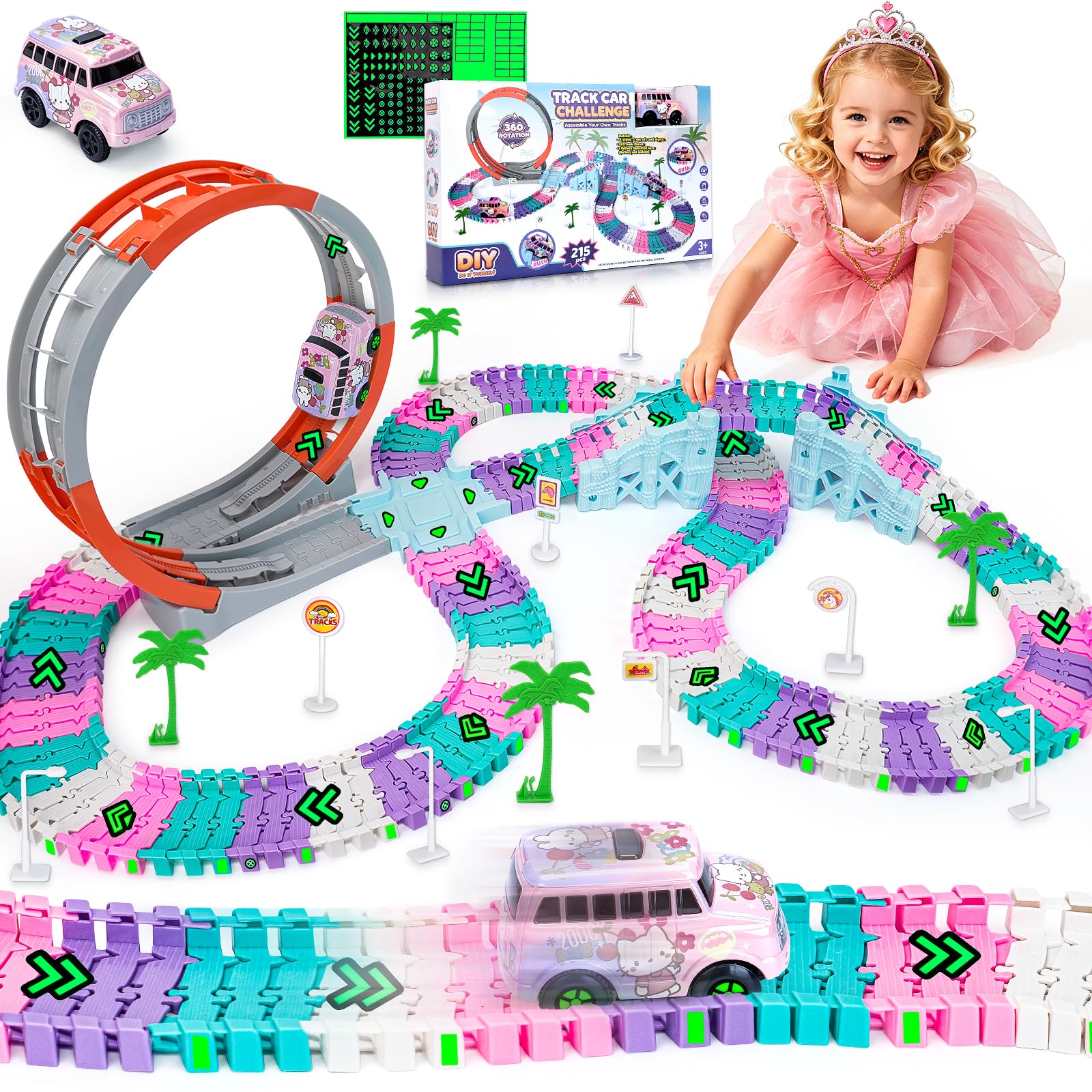 215 Pezzi Giocattolo Pista da Corsa 360° Bambini Macchinina Gatto Rosa | Flessibile Fai da Te Binari Da Assemblare, Regalo Compleanno Festa Favore Regalo Ragazzi Ragazze