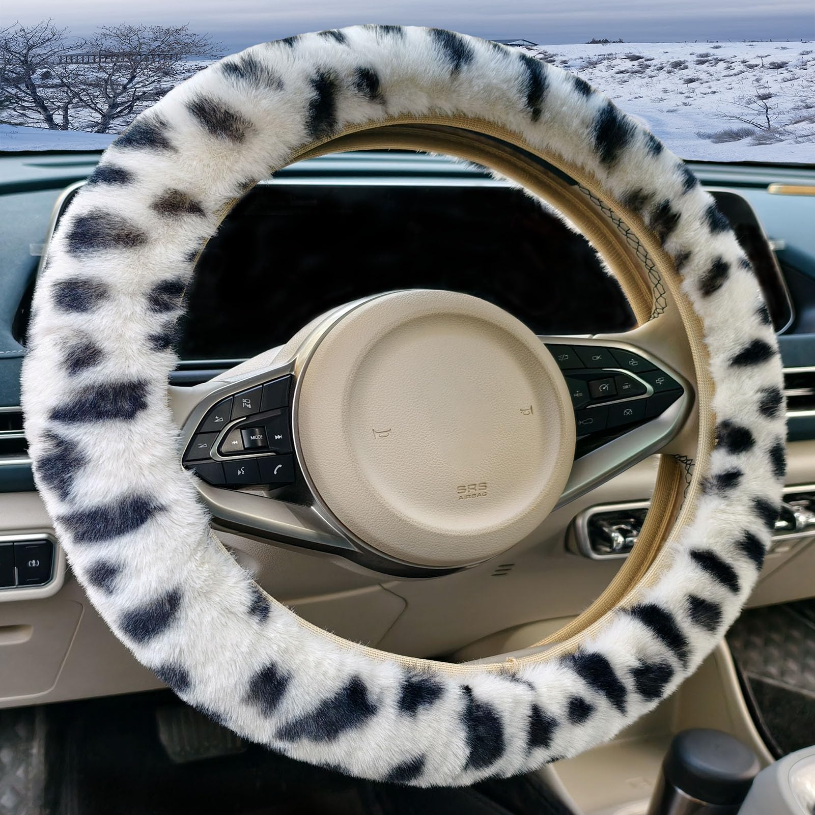Winter Warm Fluffy Faux Bunny Fur Fuzzy Car Steering Wheel Cover for Universal Auto Steering Wheel 14-15-16 Inch, Texture Soft Crazy &Anti-Slip for Car SUV Pikup (BiegeLeopardDot)
