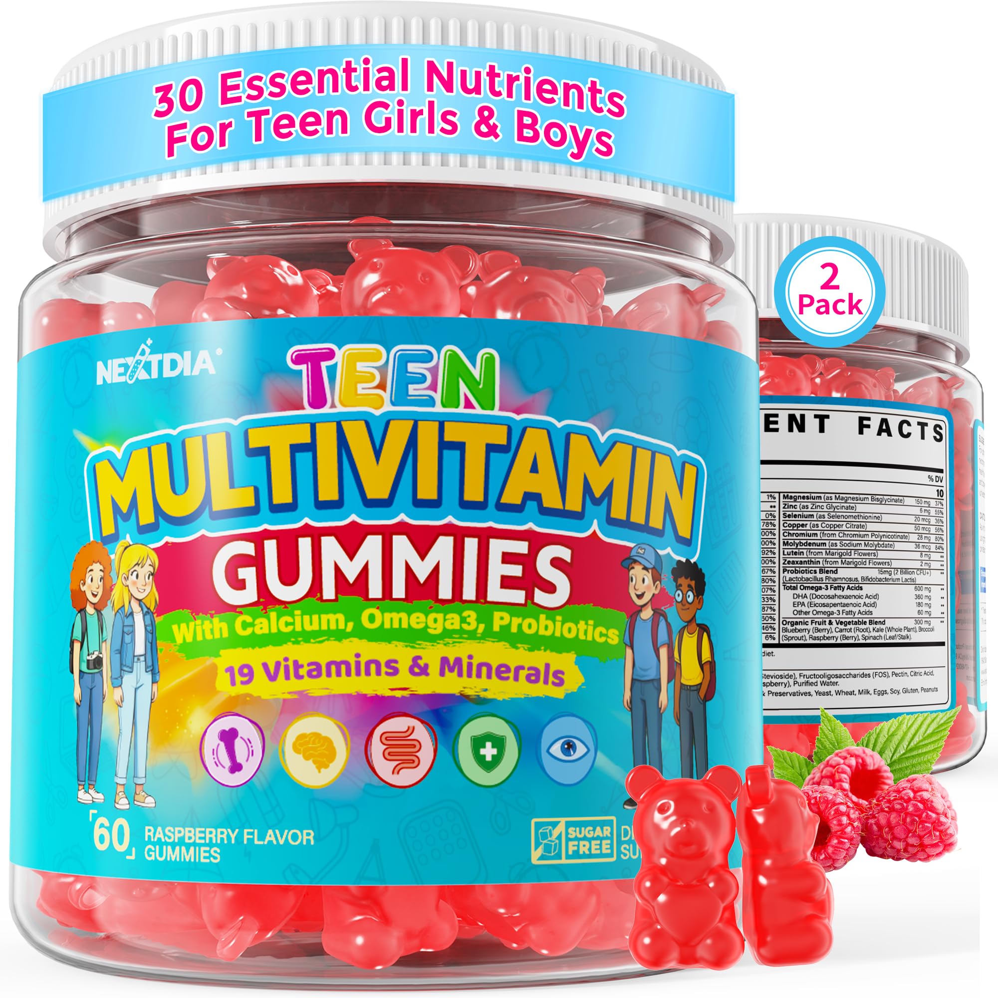 Teen Multivitamin Gummies for Boys & Girls 12-17 + Omega 3, D3 K2, 120 Cts